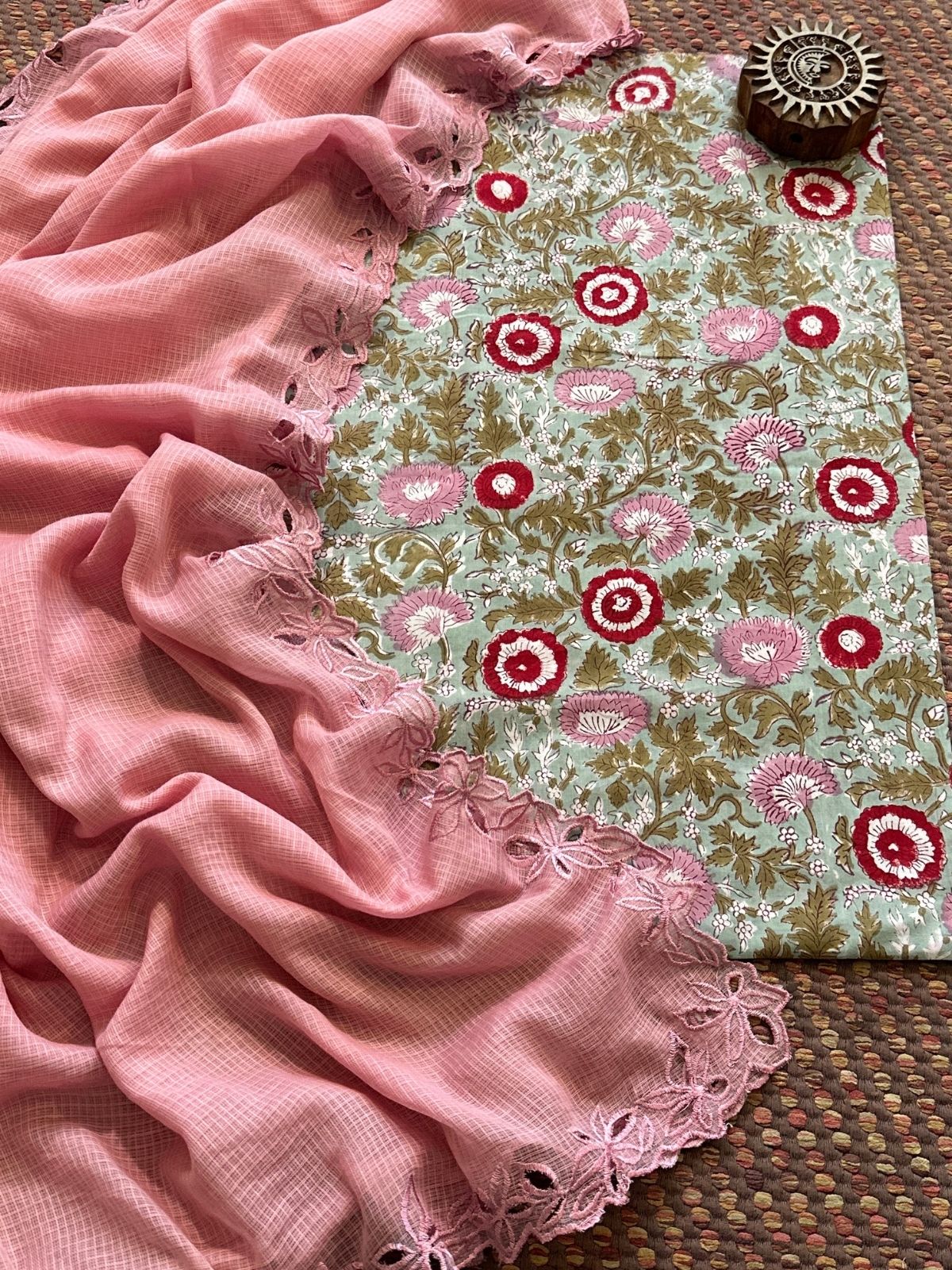 Pure Cotton Handblock Fabric with Cutwork Embroidered Dupatta