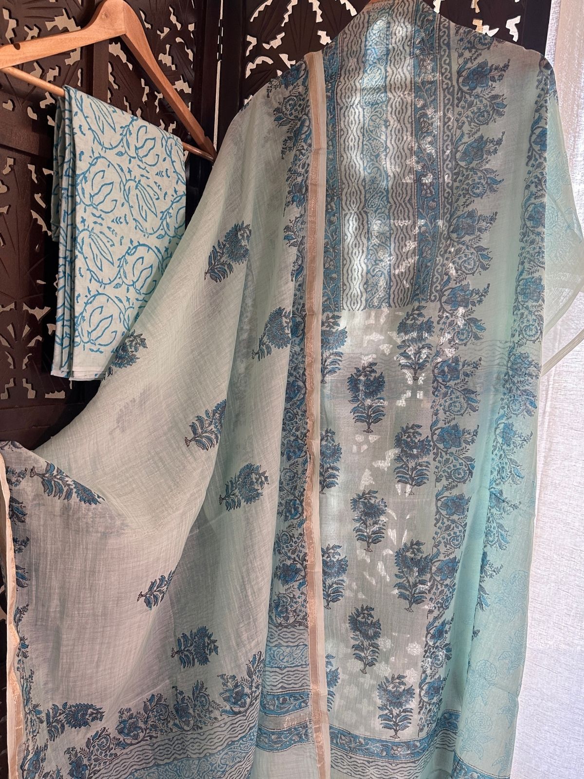 Premium Hand-blocked Malmal Maheswari Unstitched Set