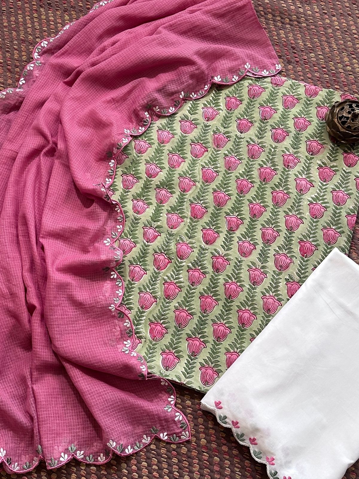 Pure Cotton Hand blocked Set with Embroidered Dupatta