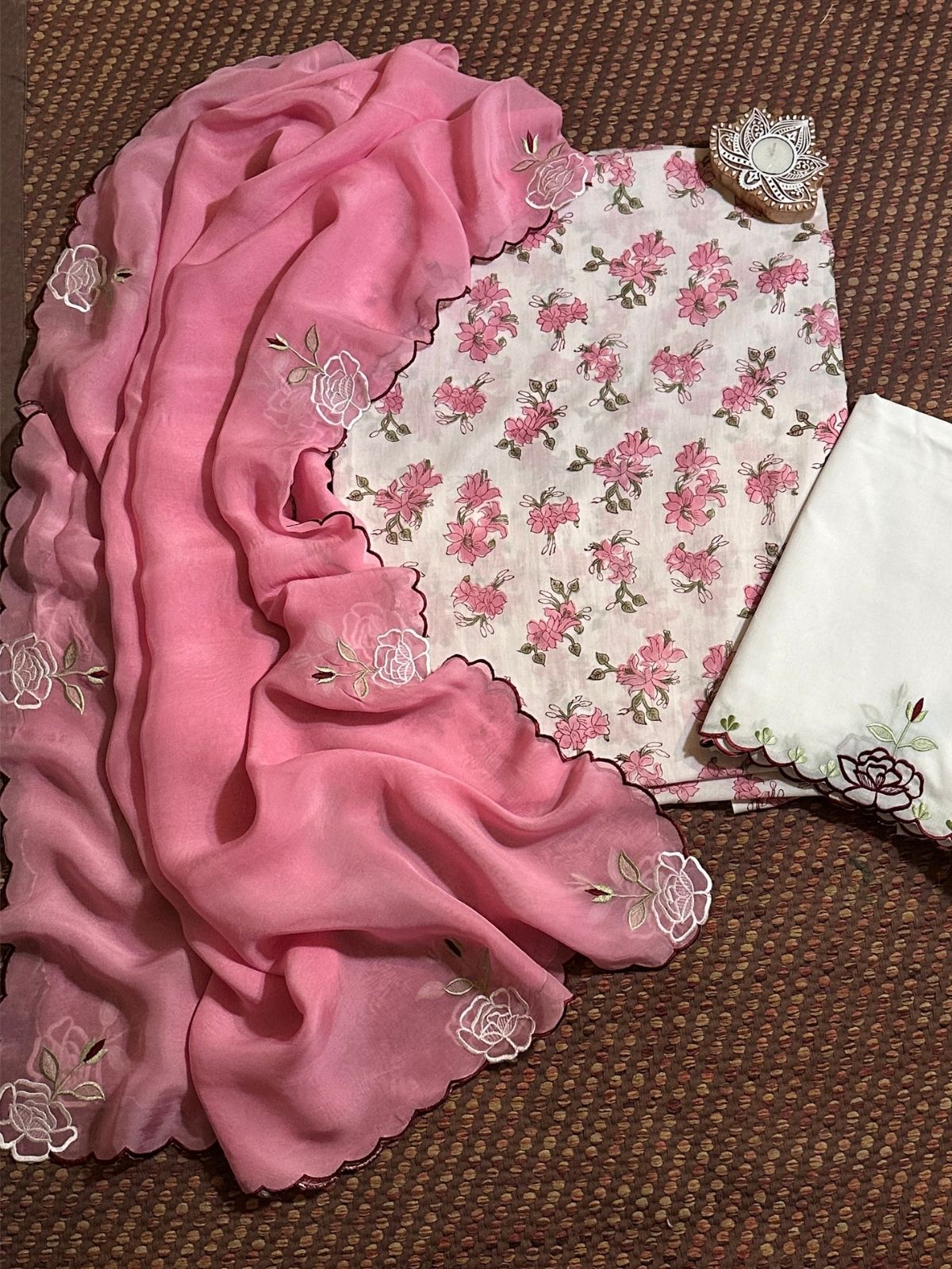 Pure Cotton Handblocked unstitched fabric with Embroidered Organza Dupatta & cotton cambric bottom.