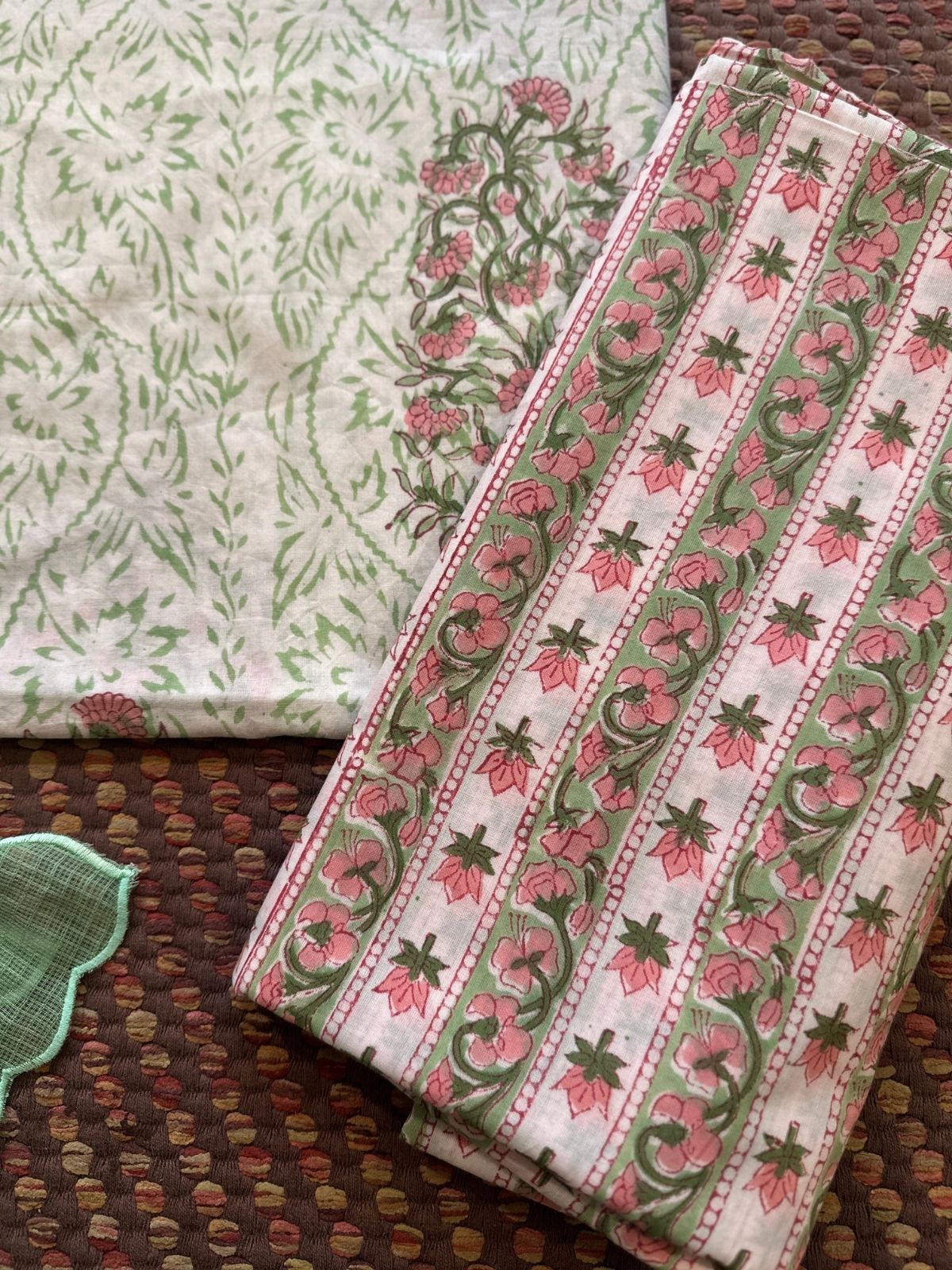 Pure Cotton  Hand blocked Set with Embroidered Dupatta