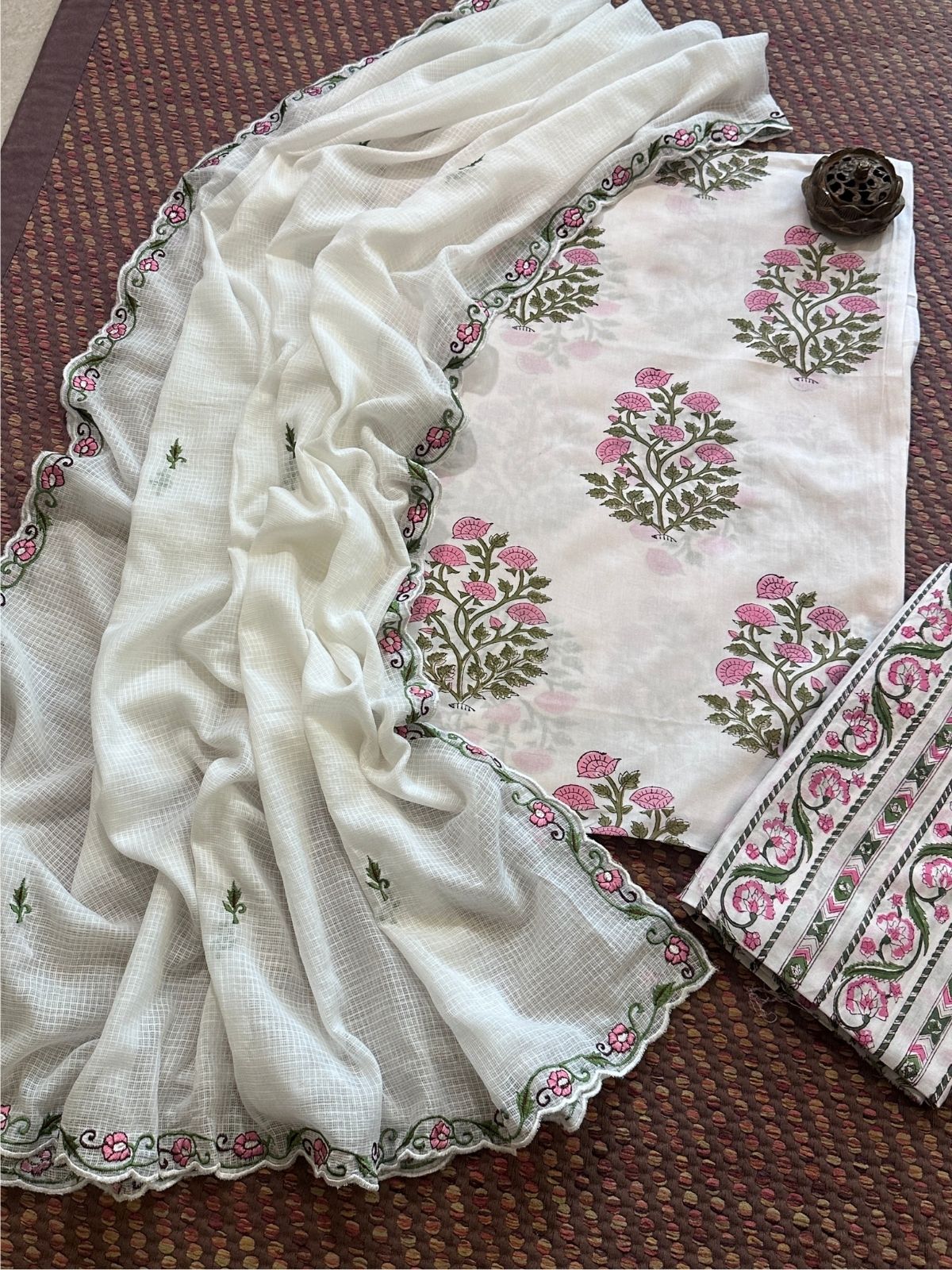 Pure Cotton  Hand blocked Set with Embroidered Dupatta