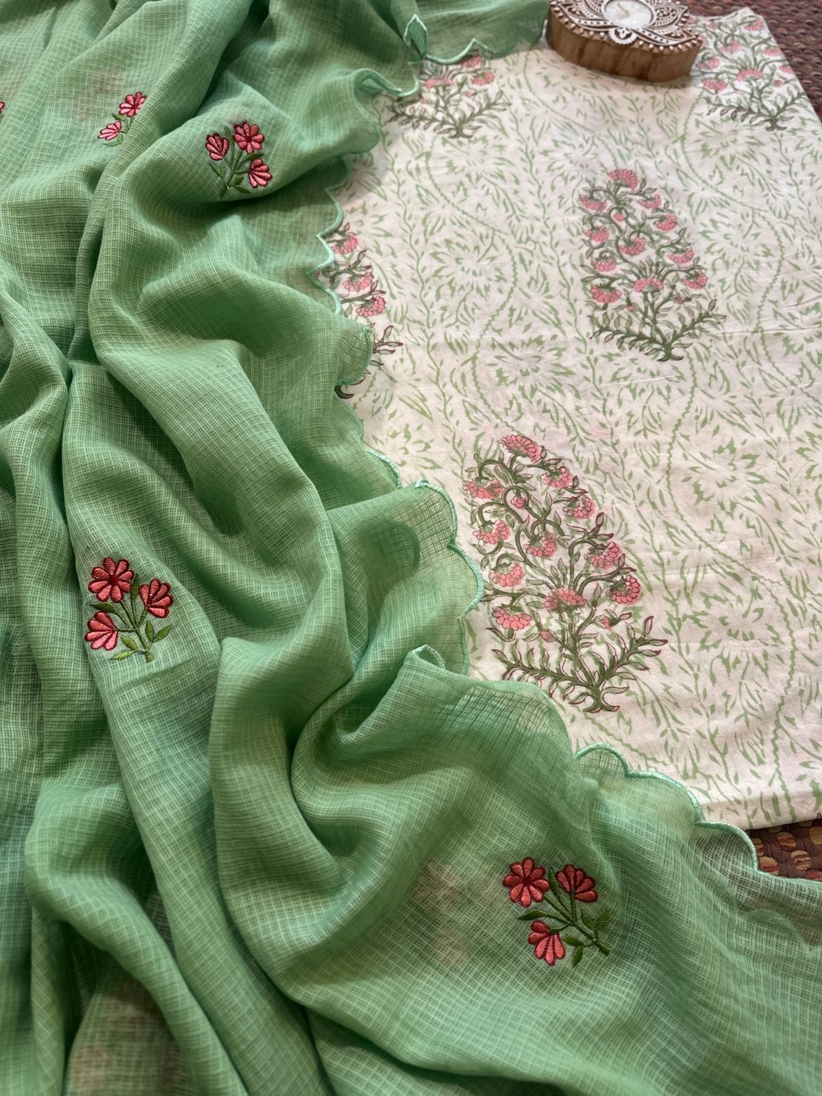 Pure Cotton  Hand blocked Set with Embroidered Dupatta