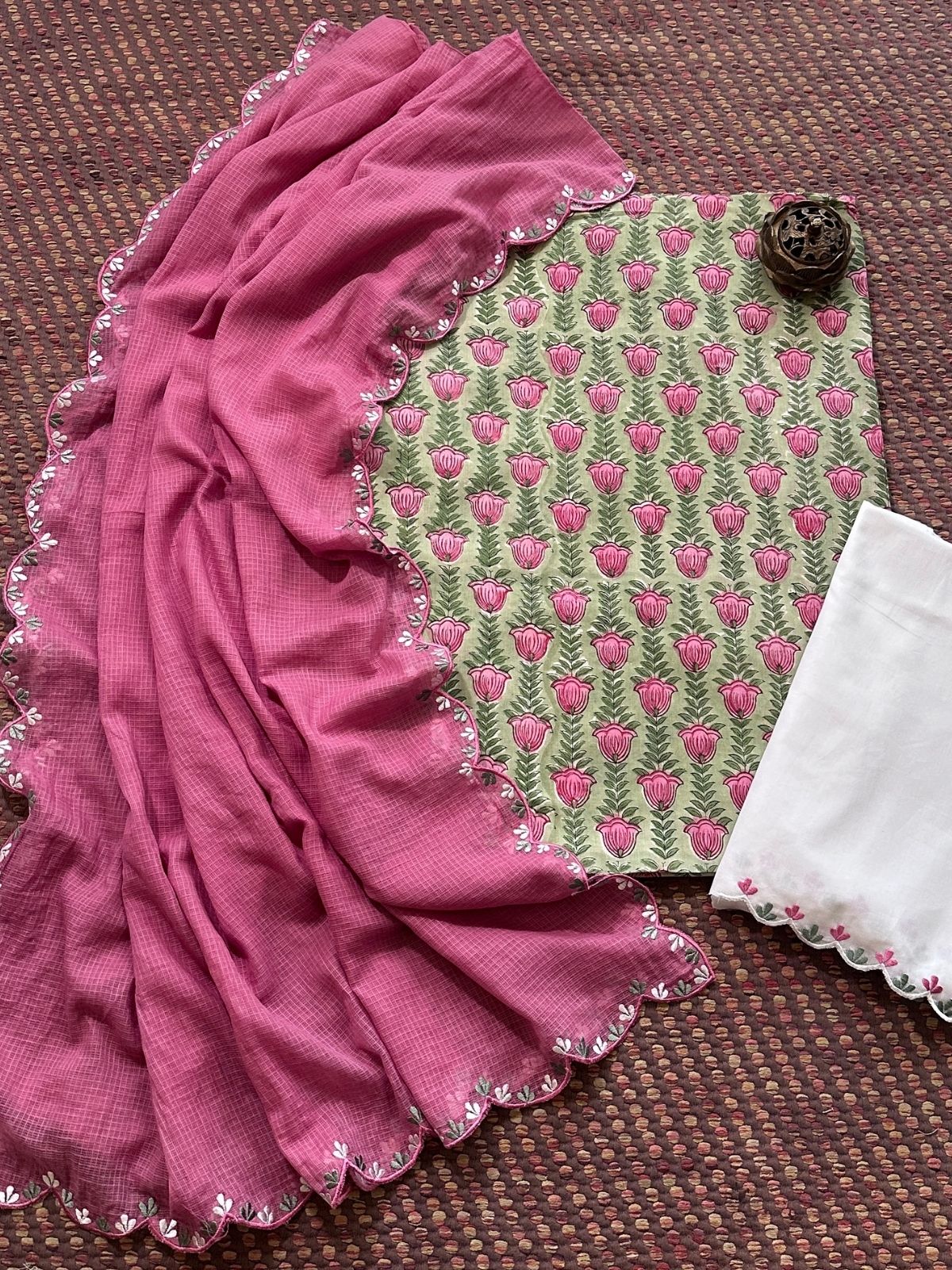 Pure Cotton Hand blocked Set with Embroidered Dupatta