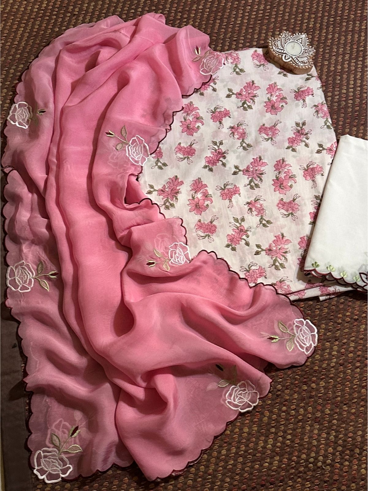 Pure Cotton Handblocked unstitched fabric with Embroidered Organza Dupatta & cotton cambric bottom.