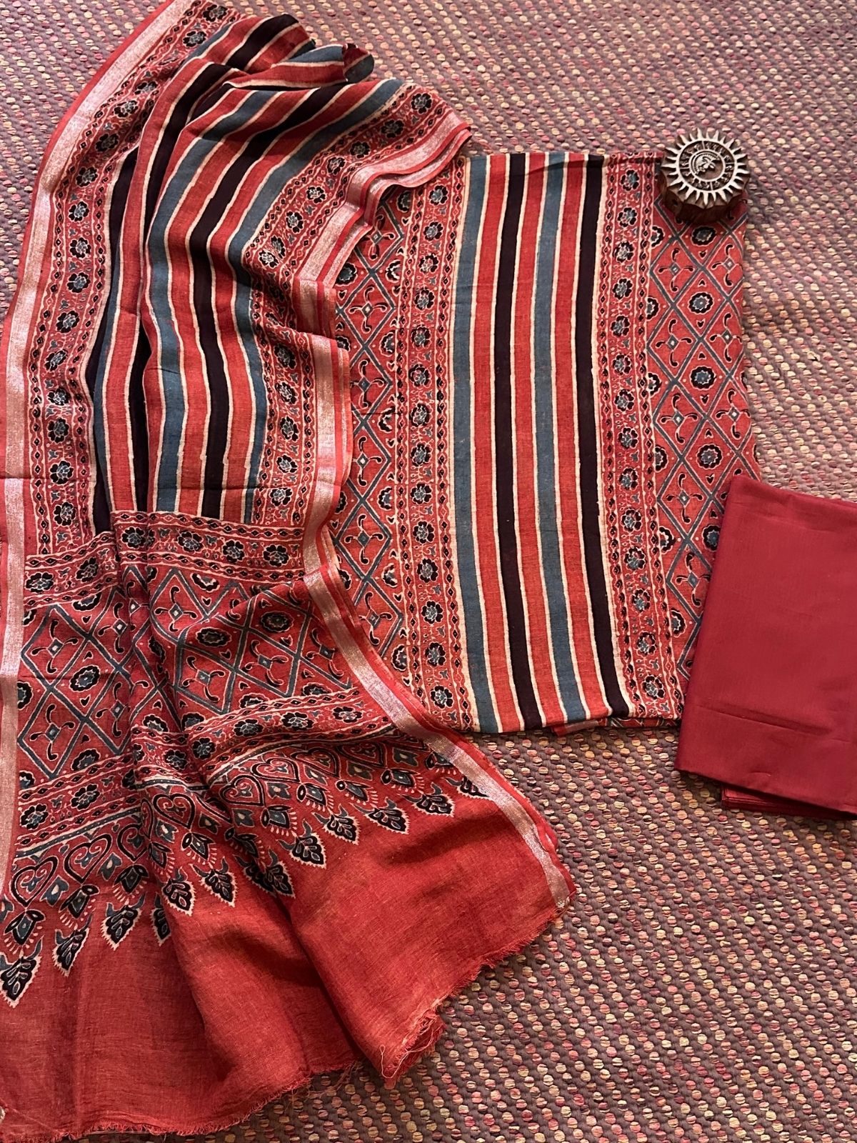 Linen Ajrakh Hand- Block Unstitched Set