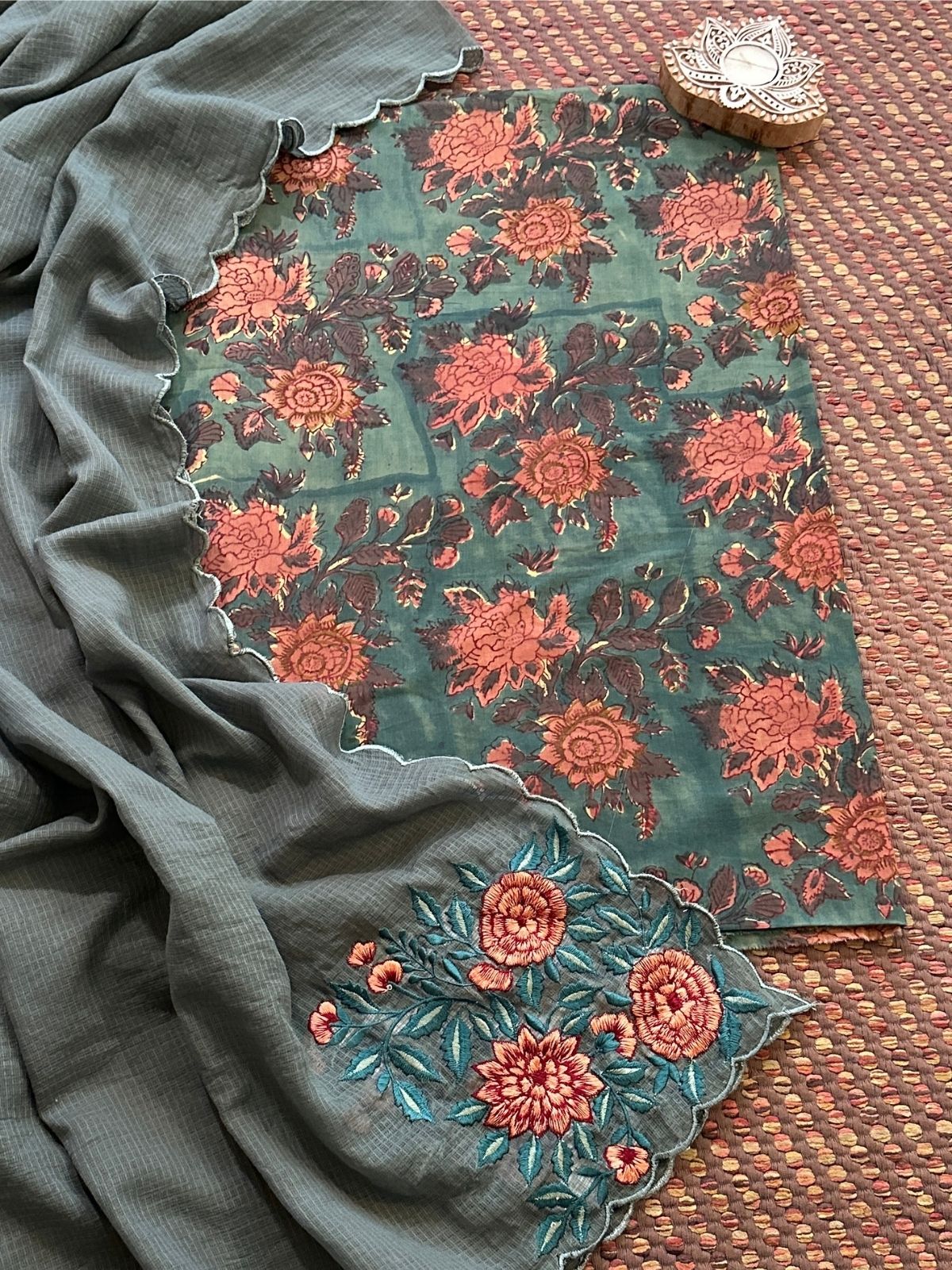 Pure Cotton Malmal Handblock Fabric with Embroidered Dupatta.