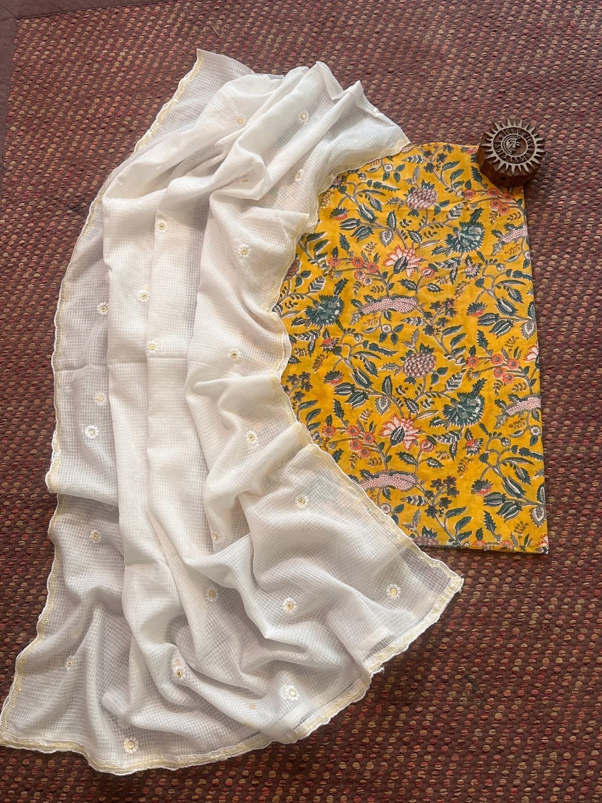 Pure cotton hand-blocked fabric with kota doria embroidered dupatta