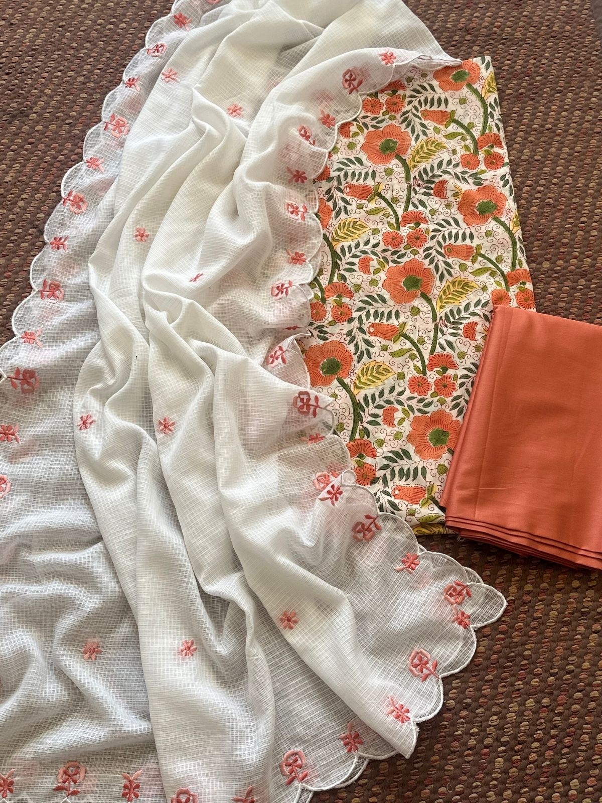 Pure Cotton Hand-blocked Set with Embroidered Dupatta