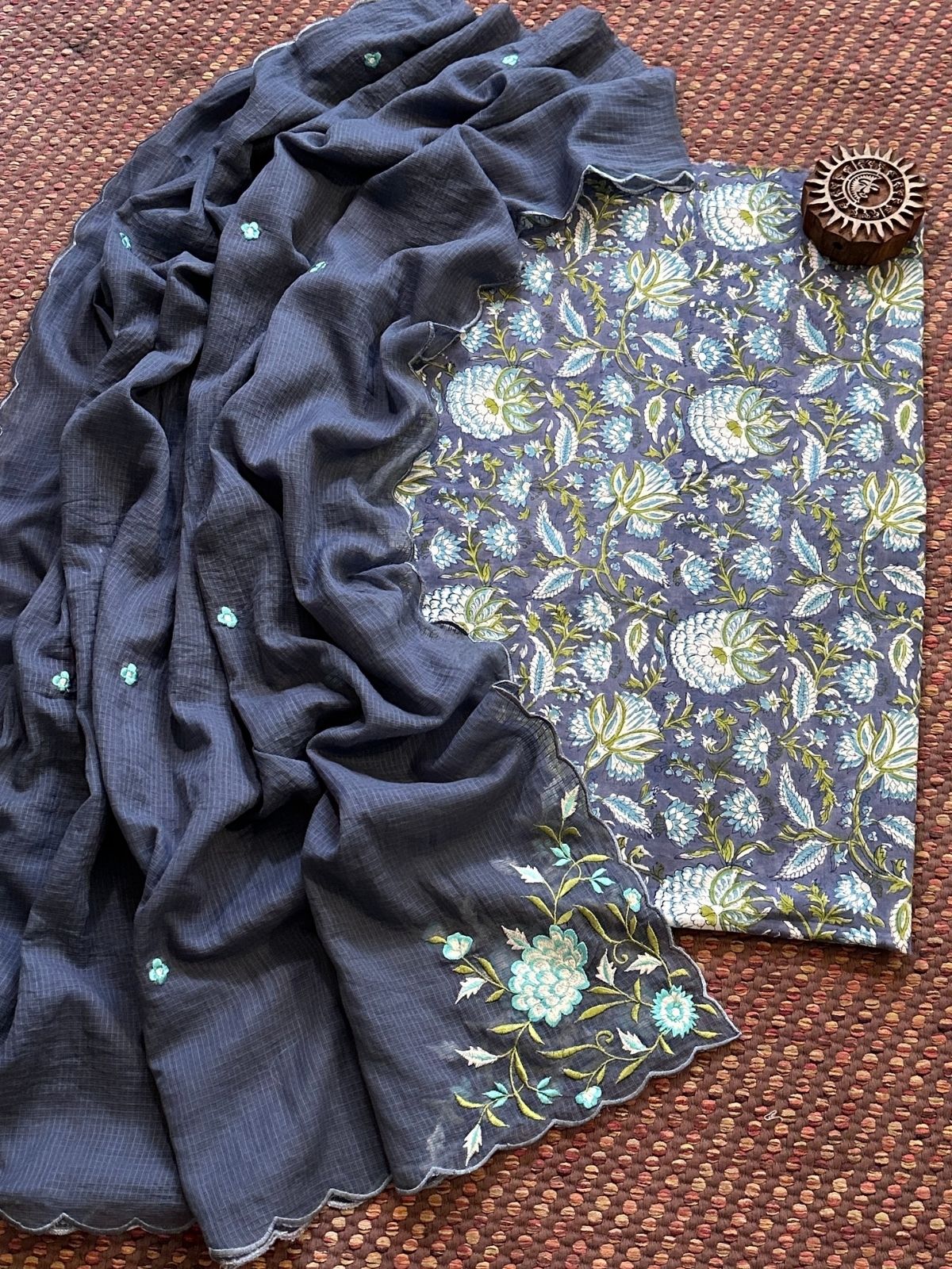 Pure Cotton Handblock Fabric with Exclusive Embroidered Dupatta