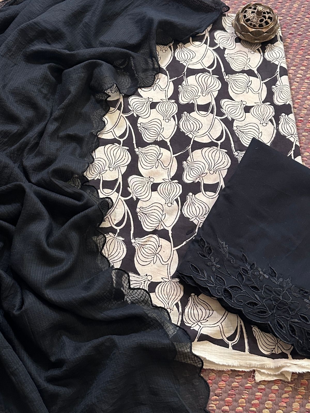 Pure Cotton Handblock Fabric with Cutwork Bottom & Kota Doria Dupatta