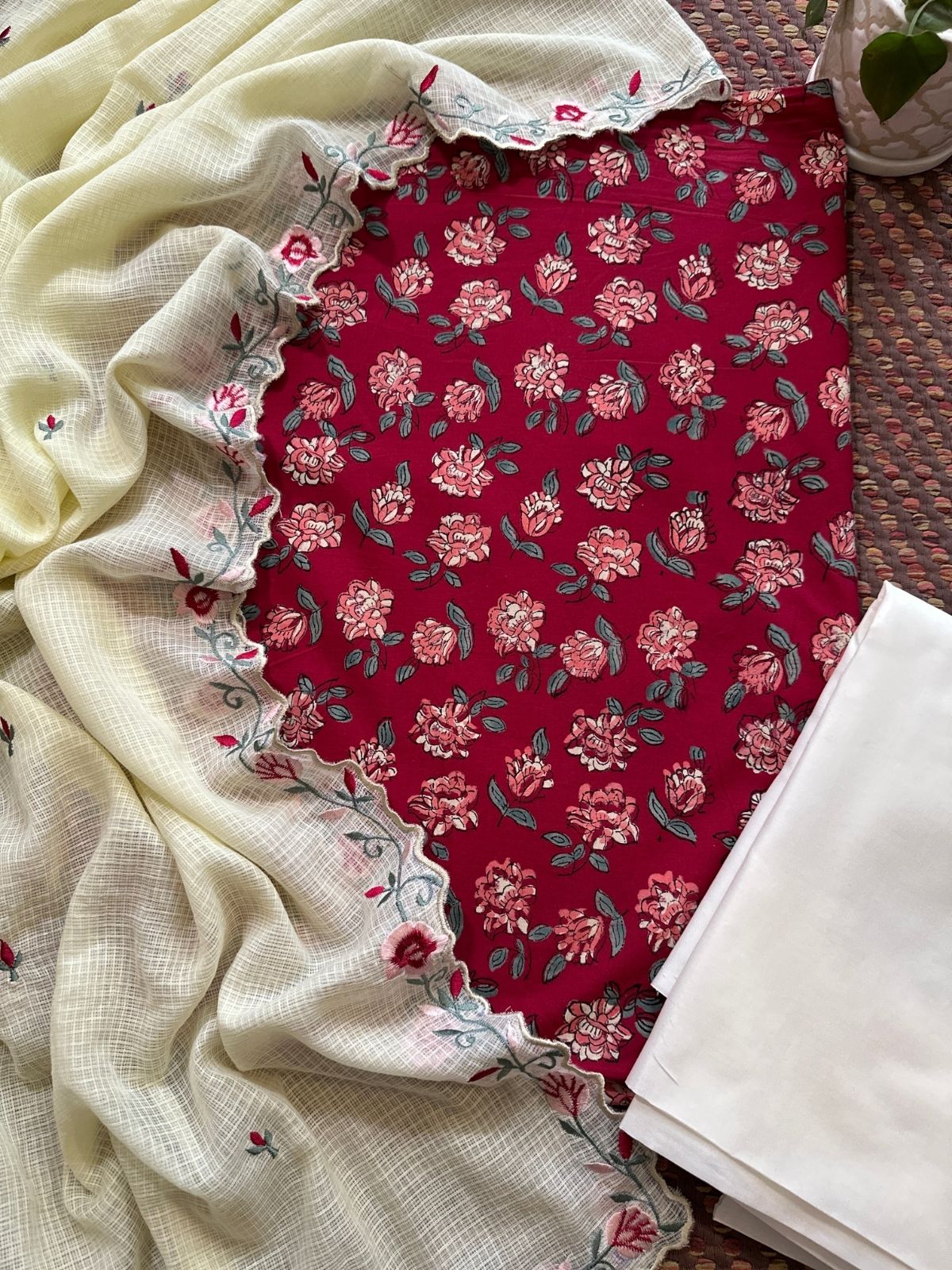 Pure Cotton Hand-block Fabric set with Embroidered Kota Doria Dupatta