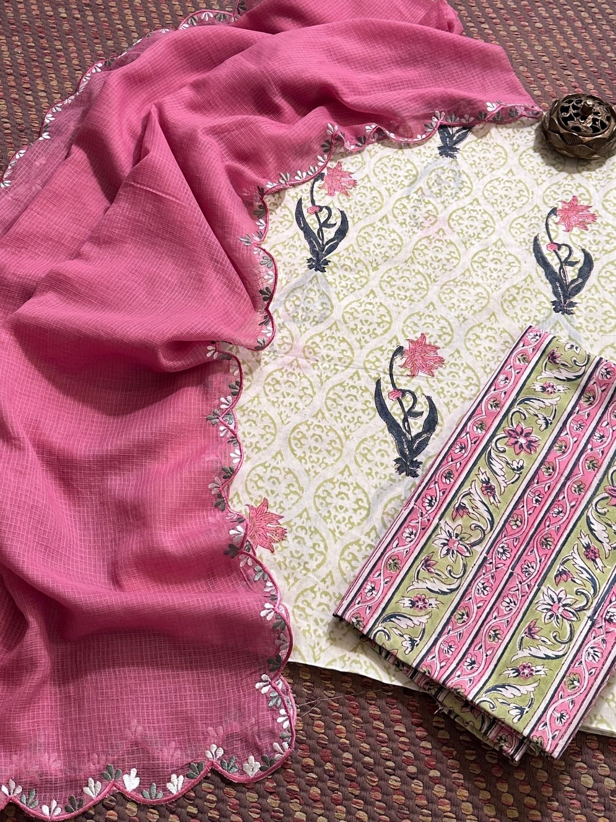 Pure Cotton Hand-blocked Set with Embroidered Dupatta