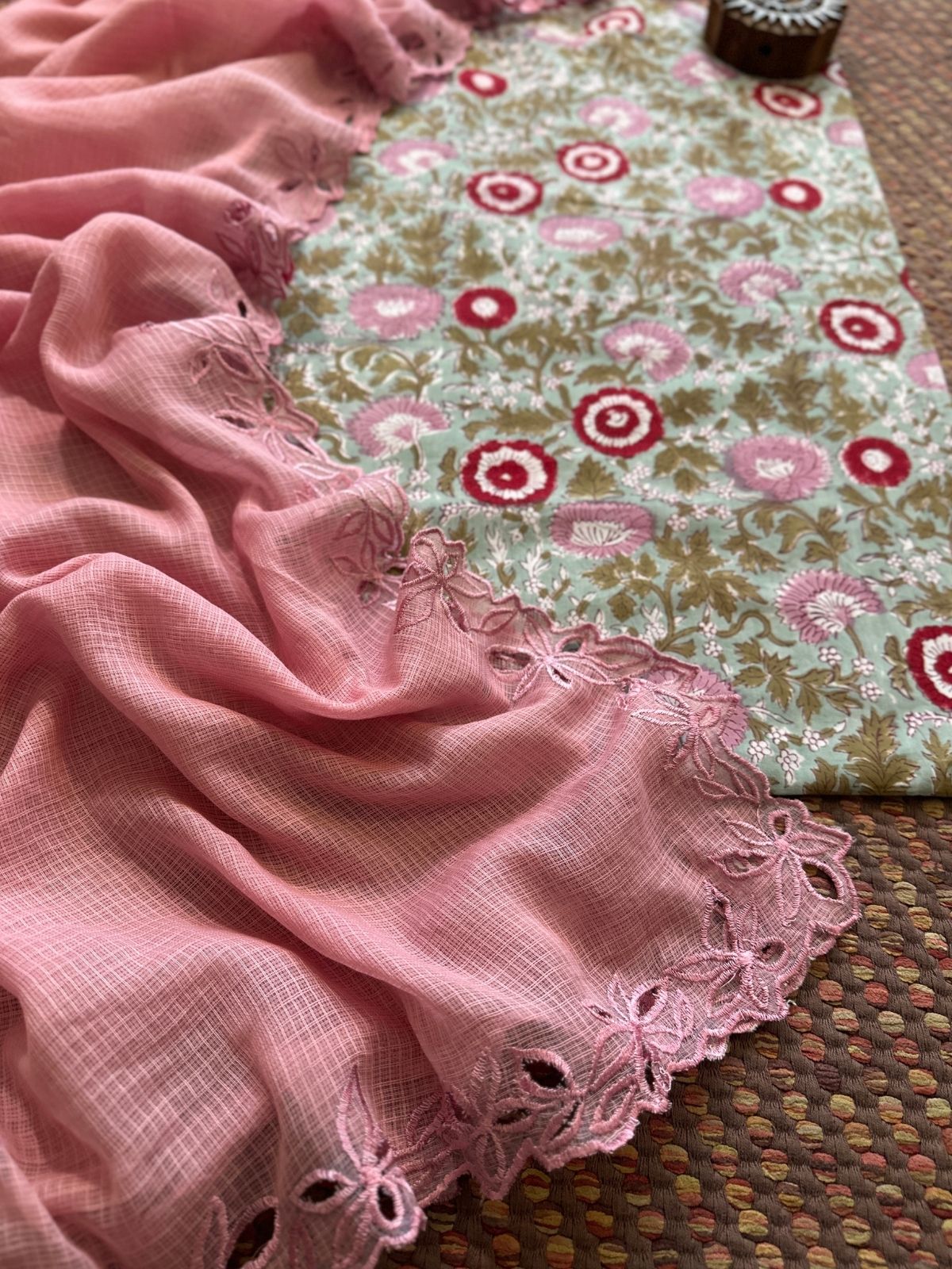 Pure Cotton Handblock Fabric with Cutwork Embroidered Dupatta