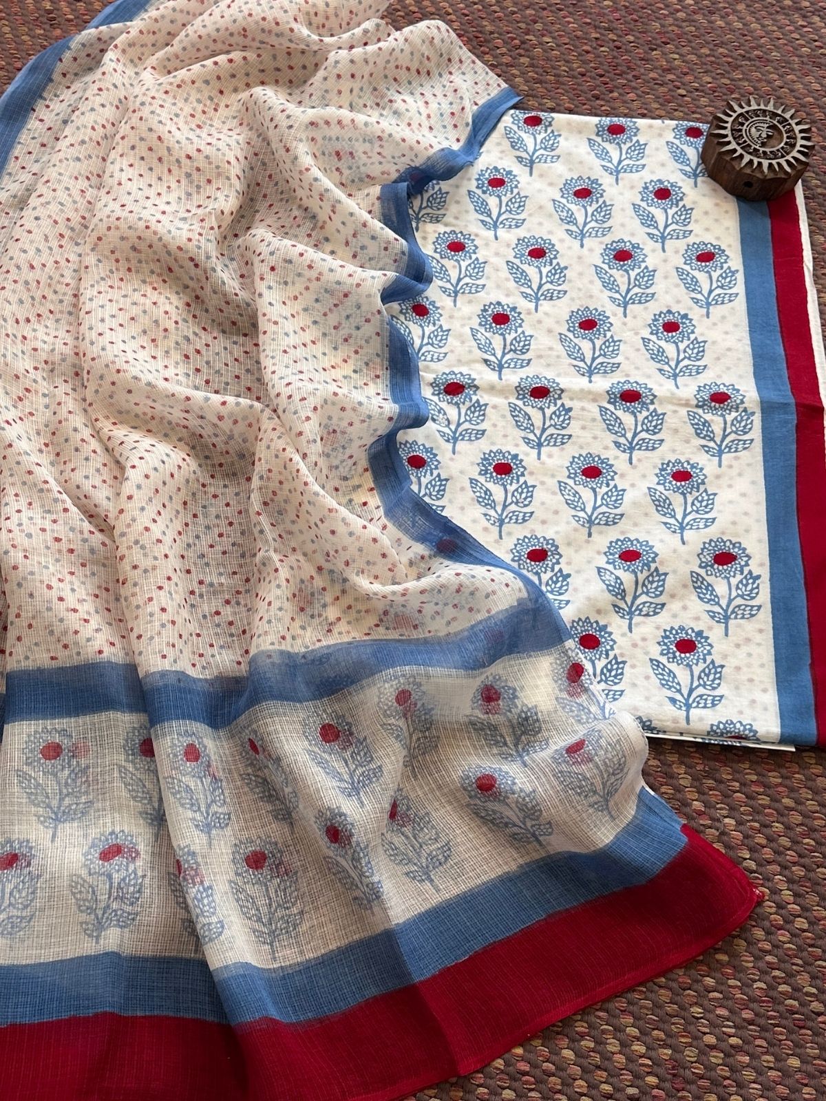 Pure Handblcoked Cotton Unstitched Set with Handblocked Kota Dupatta