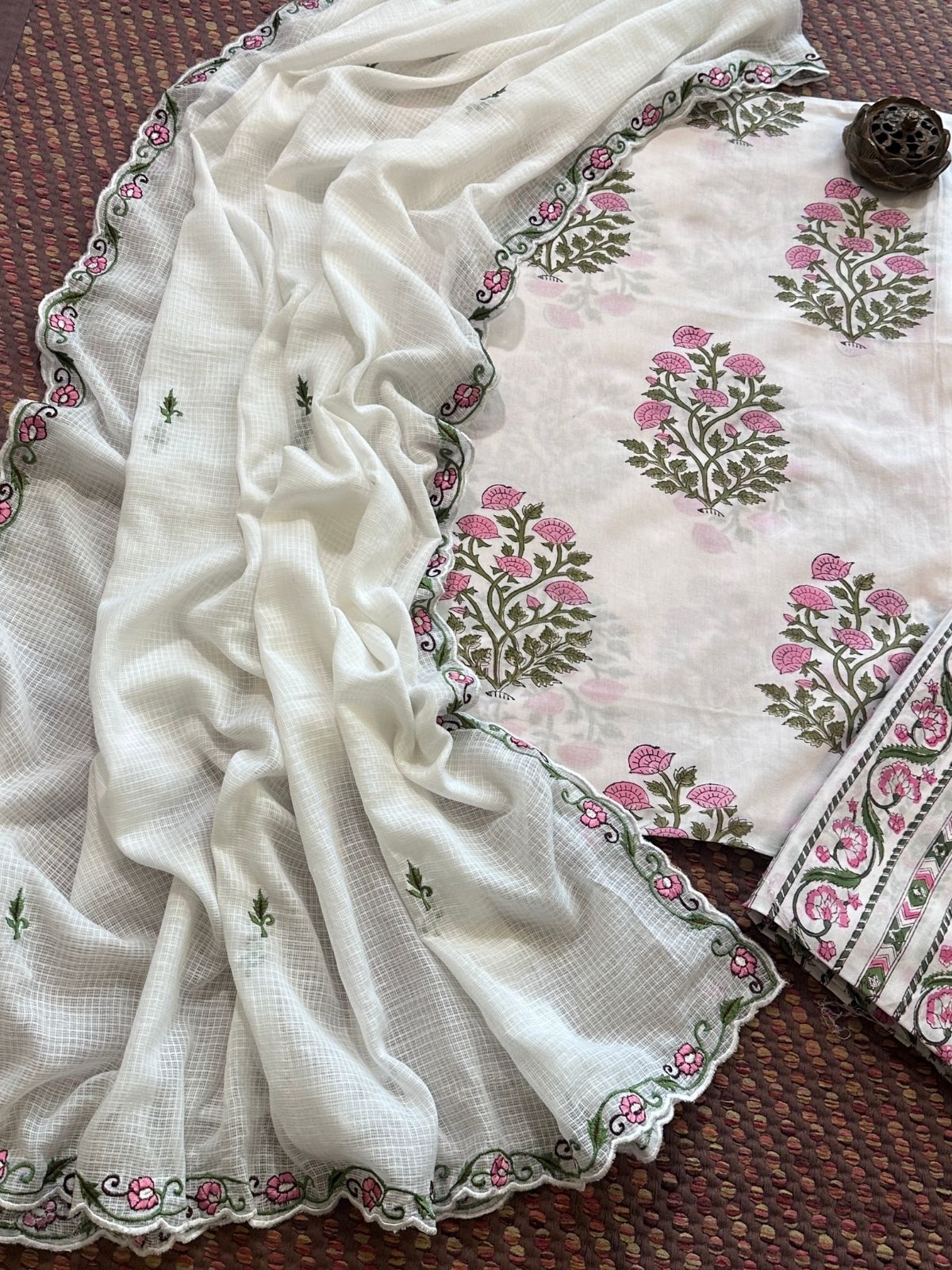 Pure Cotton  Hand blocked Set with Embroidered Dupatta
