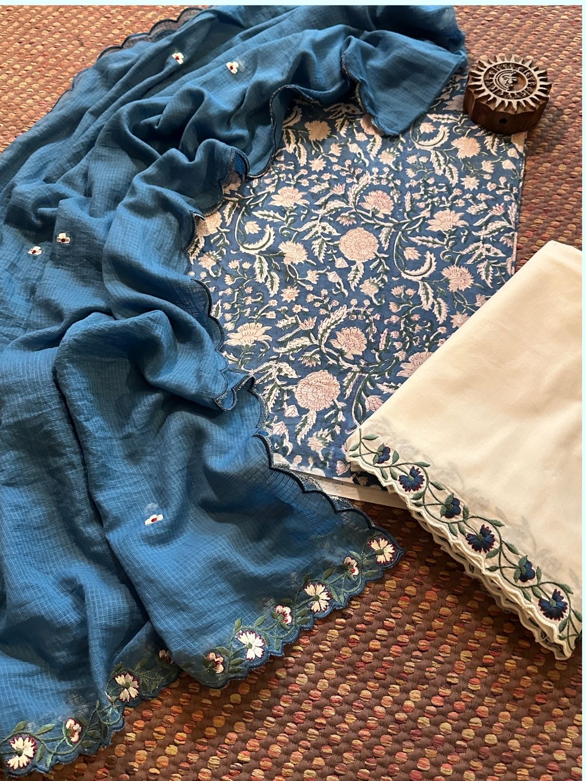 Pure Cotton Hand-block Fabric with Embroidered Bottom & Kota Doria Dupatta
