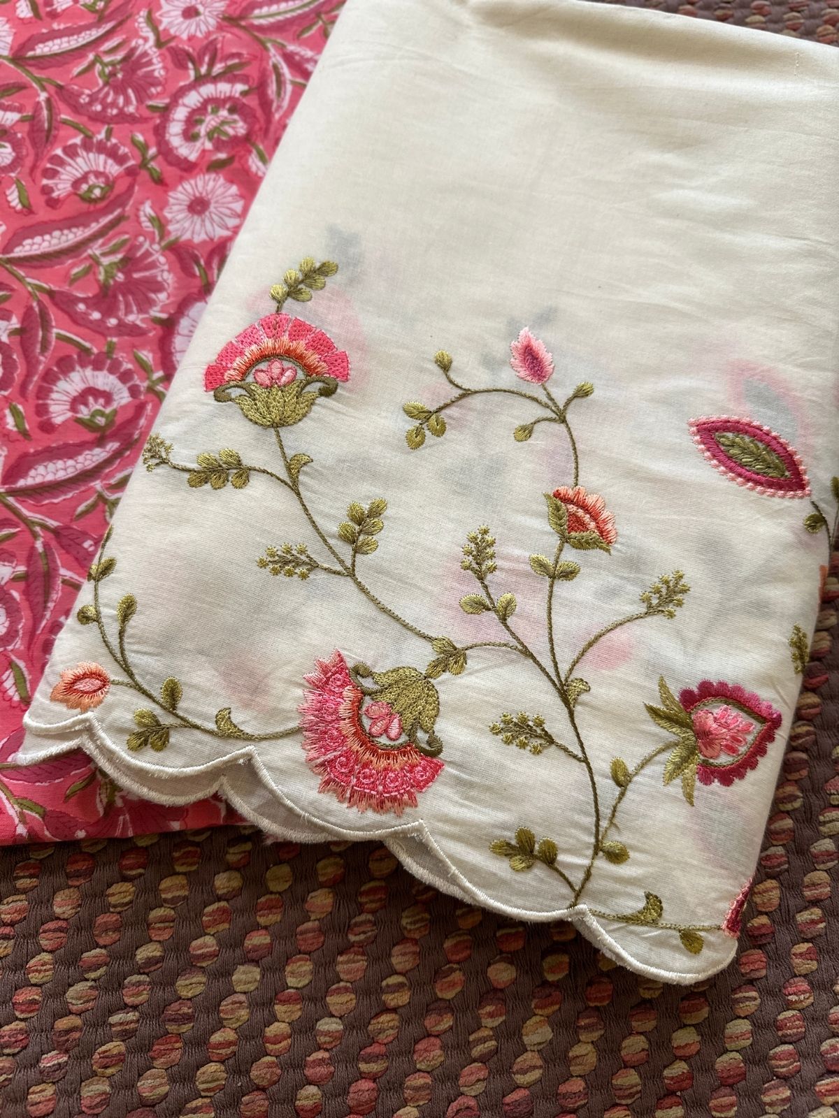Pure Cotton Hand-blocked Fabric with Embroidered Bottom