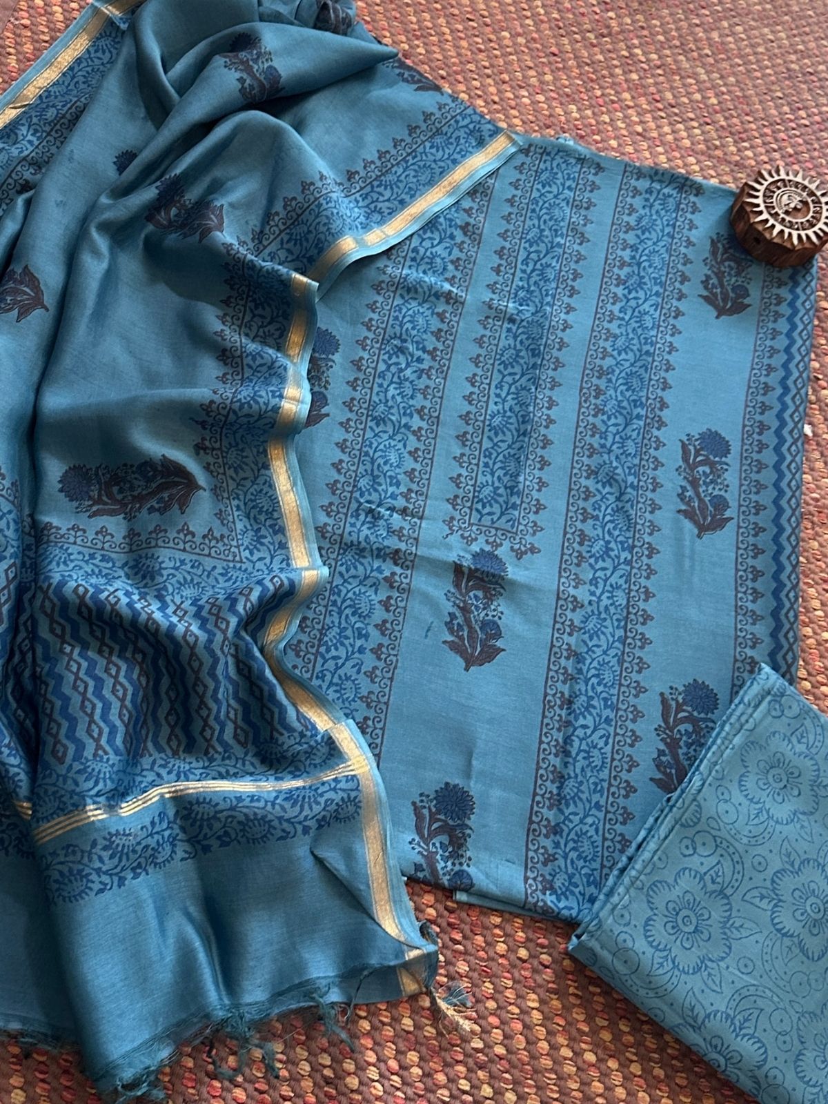 Hand-blocked Maheswari Unstitched Set