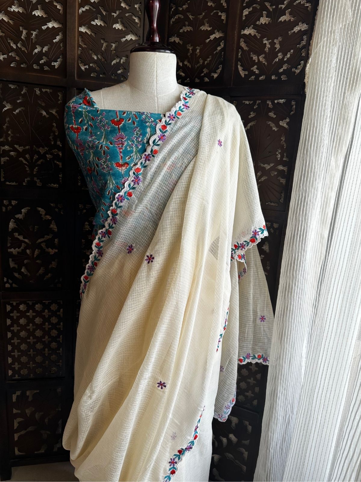 Kota Doria Embroidered Saree with Hand Block Blouse fabric