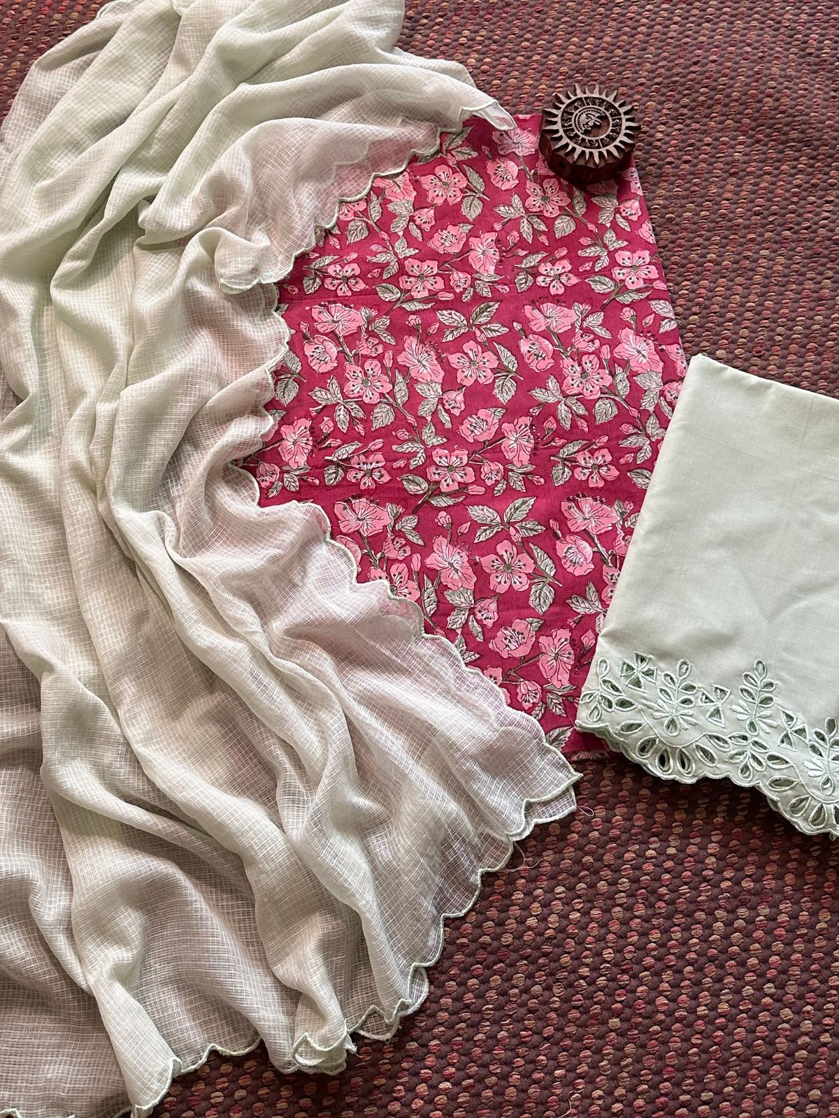 Pure Cotton Hand-blocked Fabric with Cutwork Bottom & Kota Doria Dupatta
