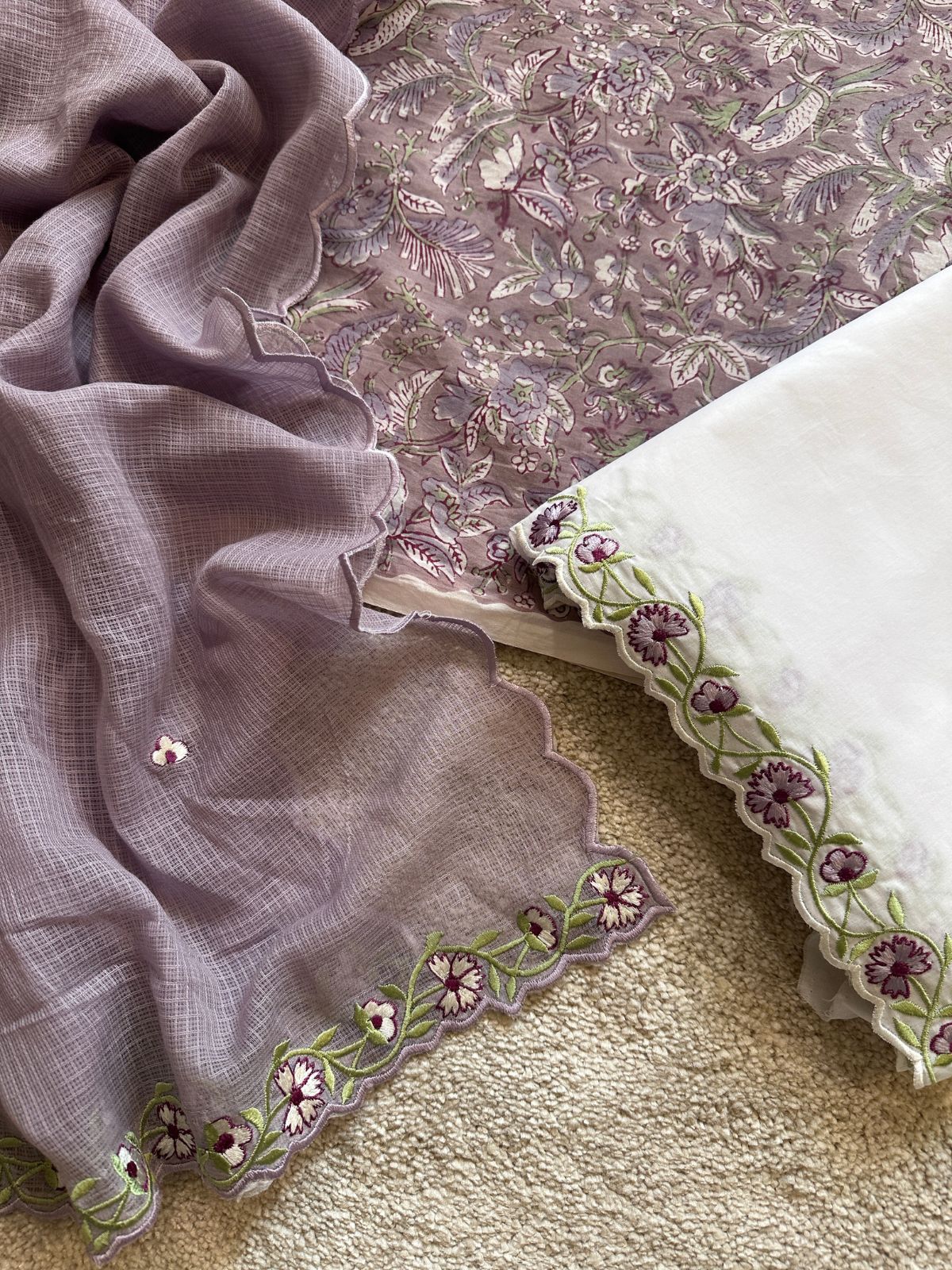 Sandhya Set- Sanganeri Kurta fabric with Embroidered Bottom and Dupatta