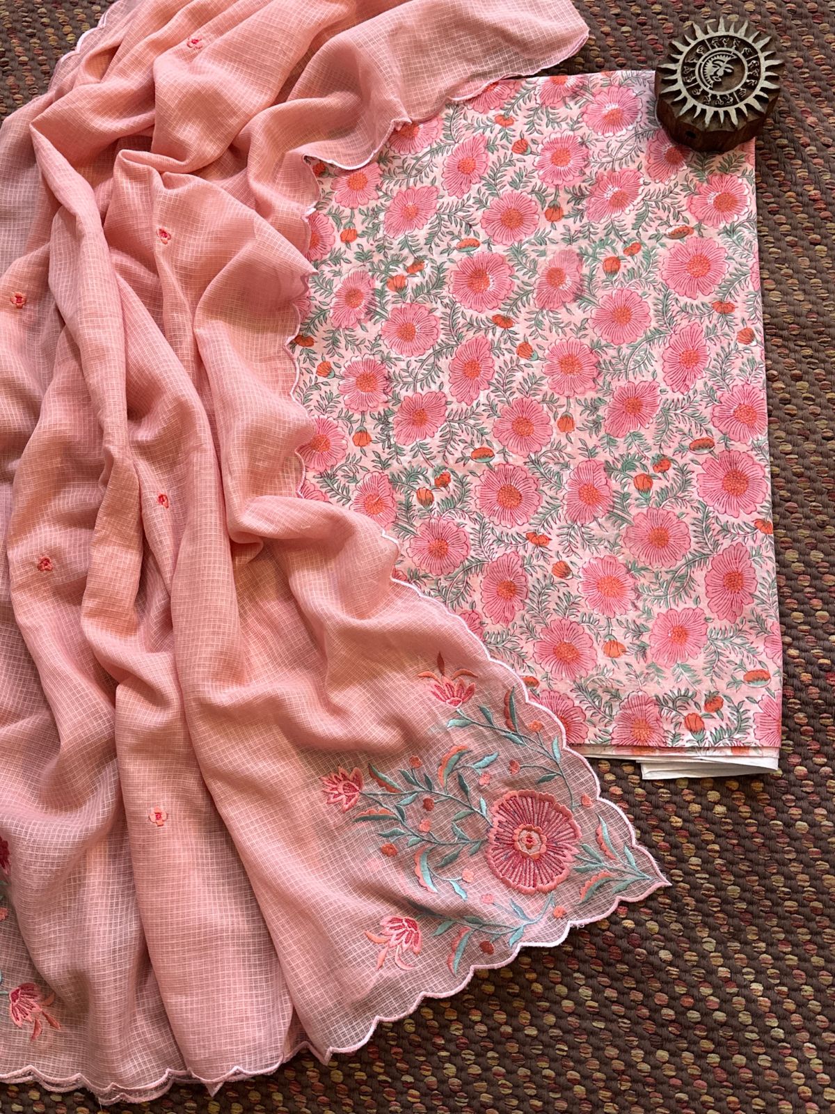 Pure Cotton Hand-blocked fabric set with Embroidered Dupatta