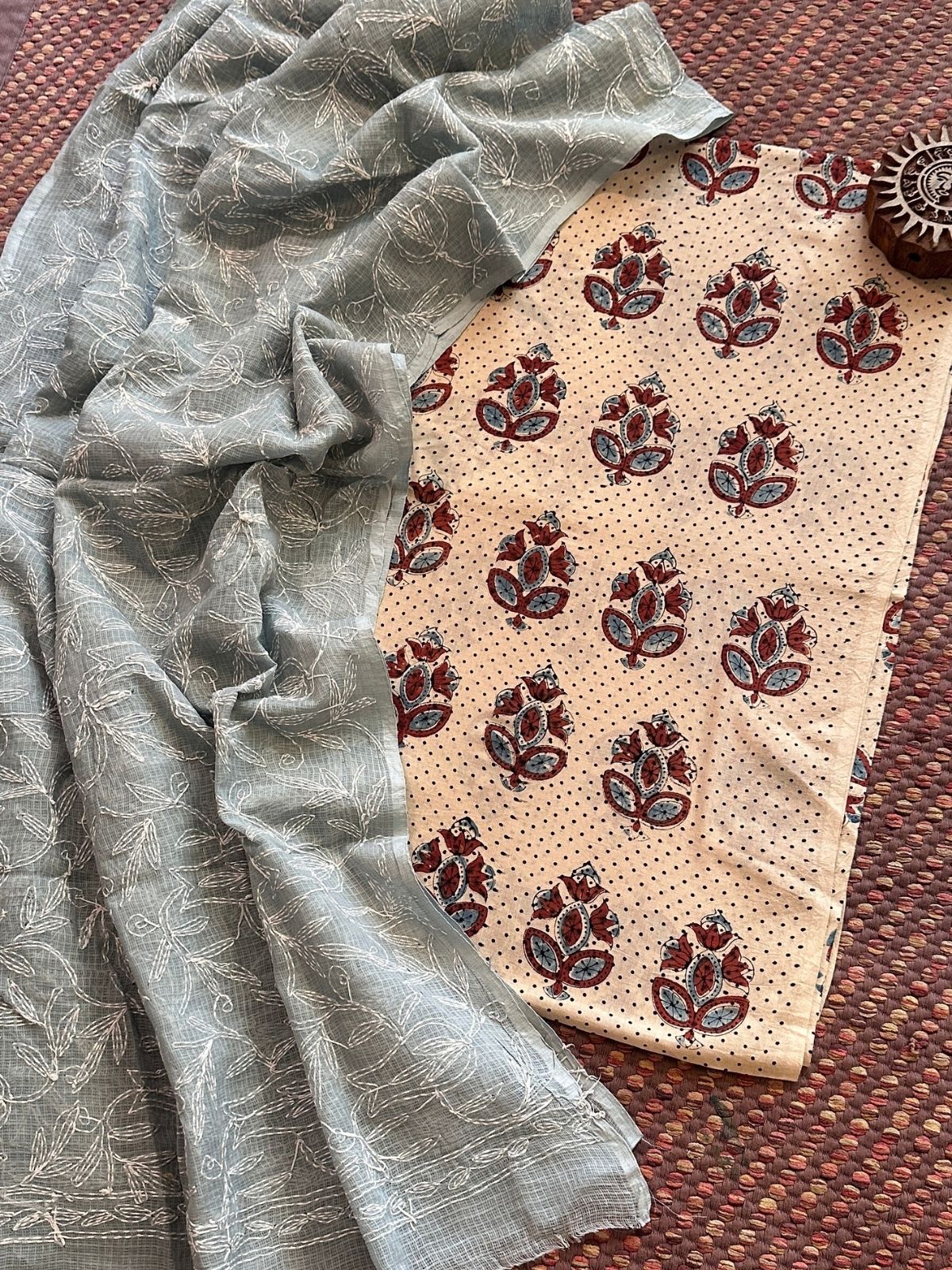 Ajrakh Handblocked Cotton Malmal Fabric with Chikankari Kota Dupatta Unstitched Set
