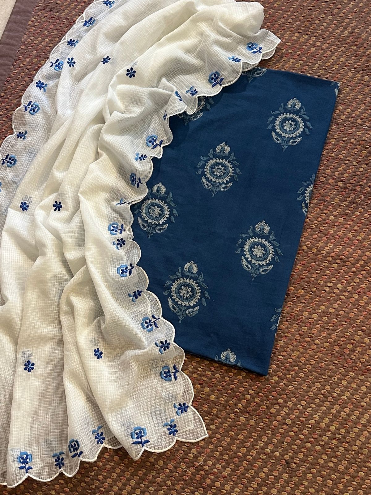 Pure Cotton Handblocked Fabric with Embroidered Dupatta