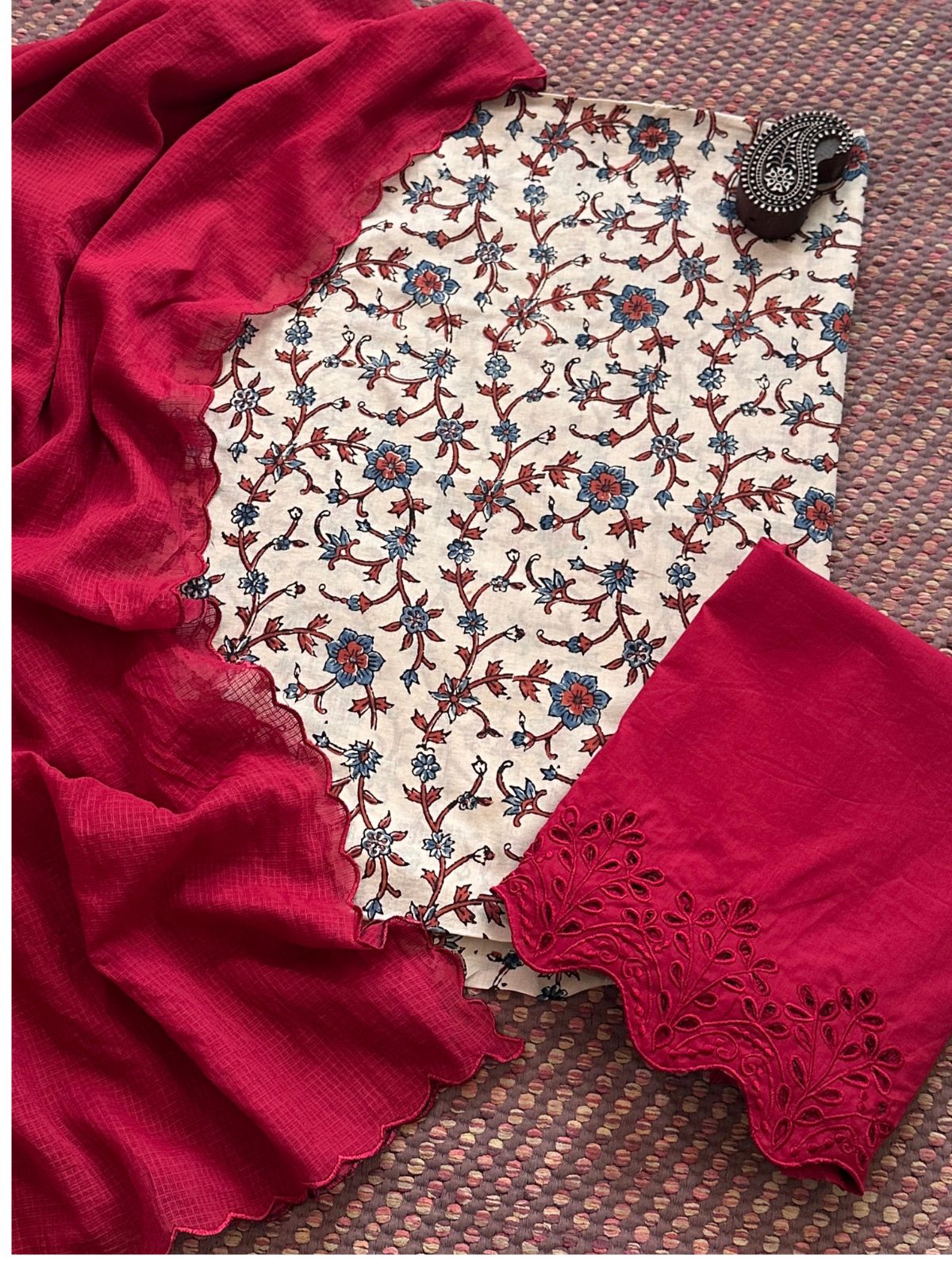 Pure Cotton Malmal  Ajrakh Fabric with Exclusive Cutwork Bottom & Kota Doria Dupatta