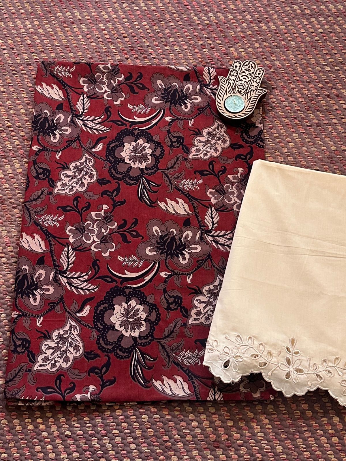 Pure Cotton Malmal Handblocked Fabric with Cutwork Bottom