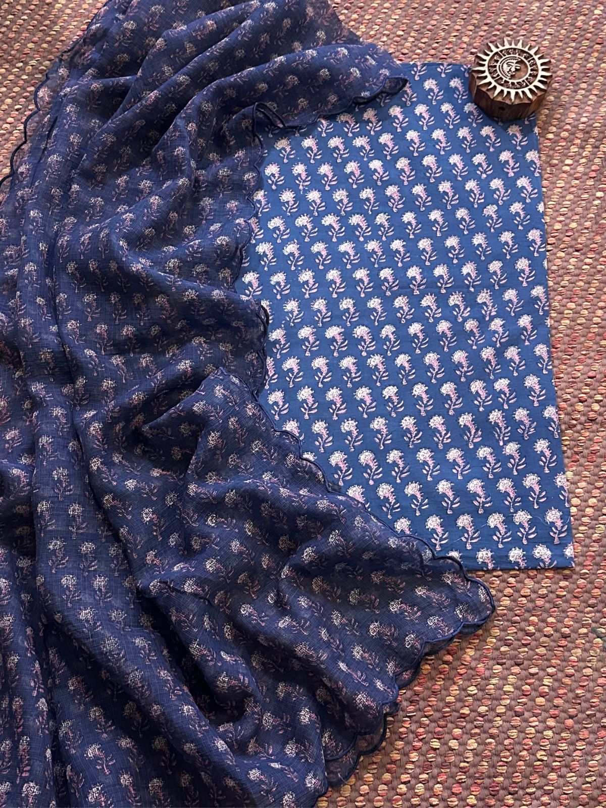 Indigo Pure Cotton Handblocked Fabric with Kota Doria Dupatta Set