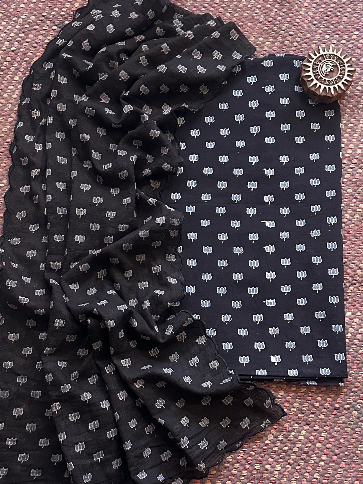 Ajrakh Cotton Malmal Handblocked Set- Top & Dupatta
