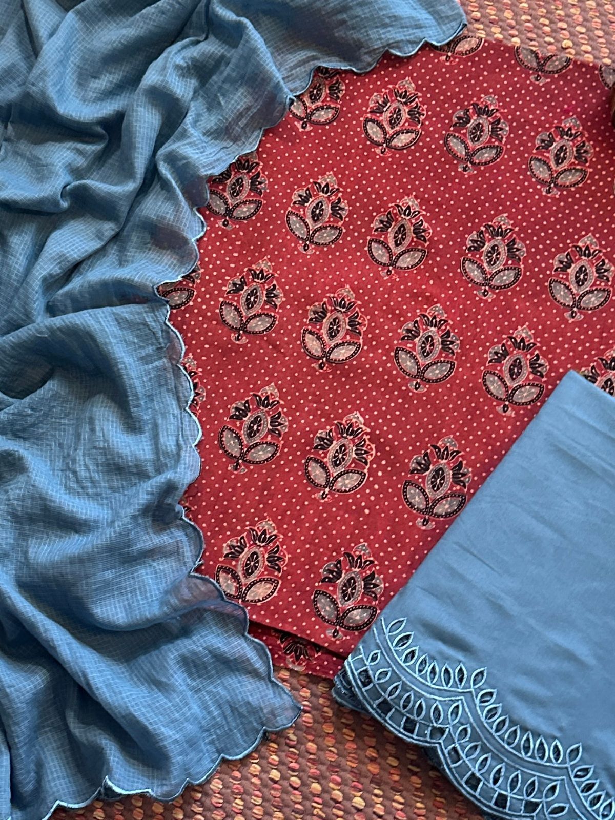 Pure Cotton Mul Ajrak with Scalloped Dupatta & Cutwork Bottom