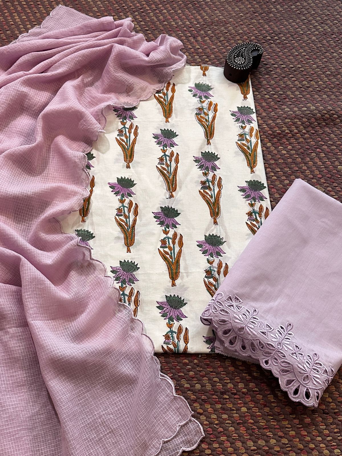 Pure Cotton Malmal Hand-blocked Fabric with Cutwork Bottom & Kota Doria Dupatta