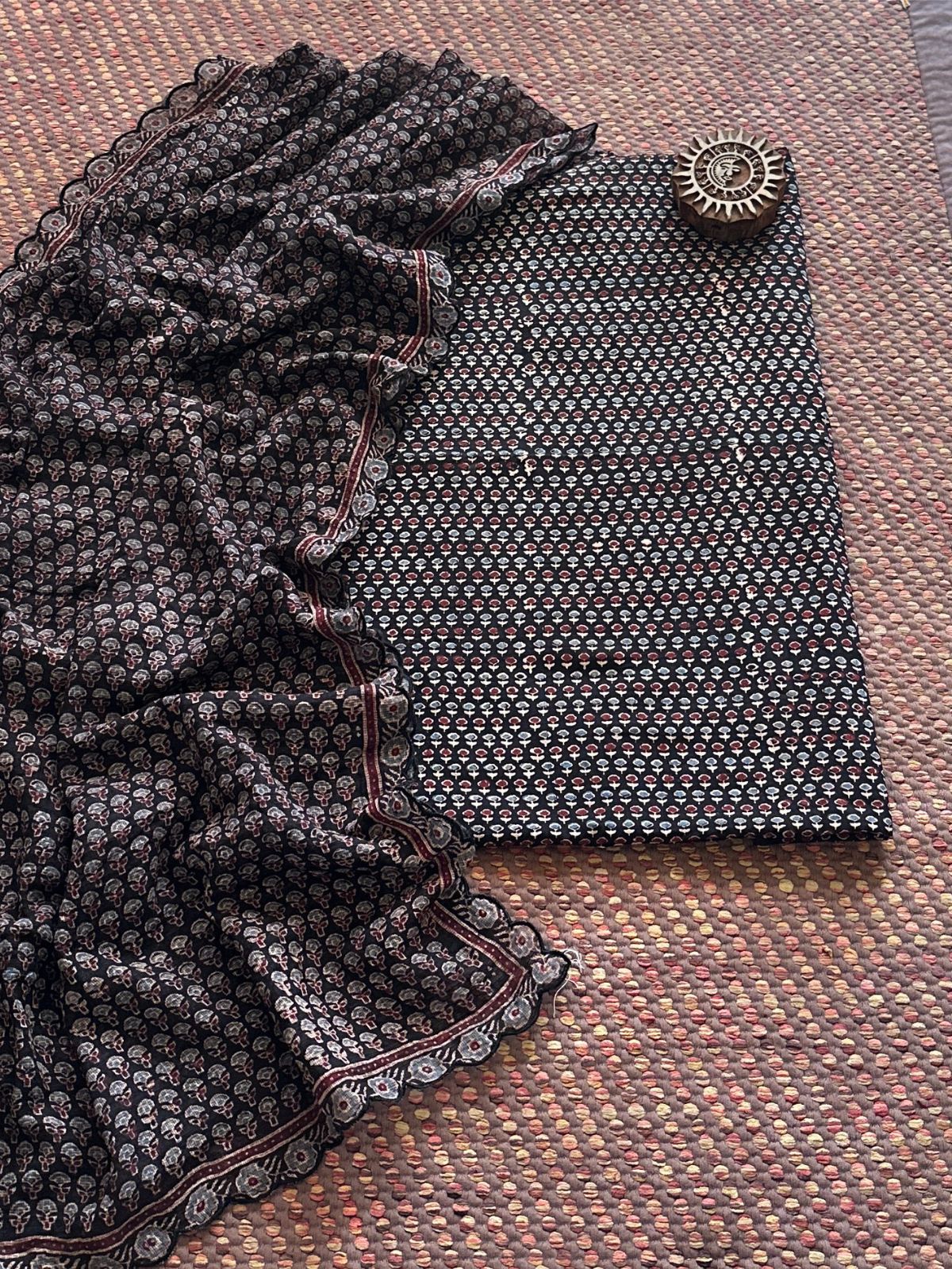 Ajrakh Cotton Malmal Handblocked Set- Top & Dupatta