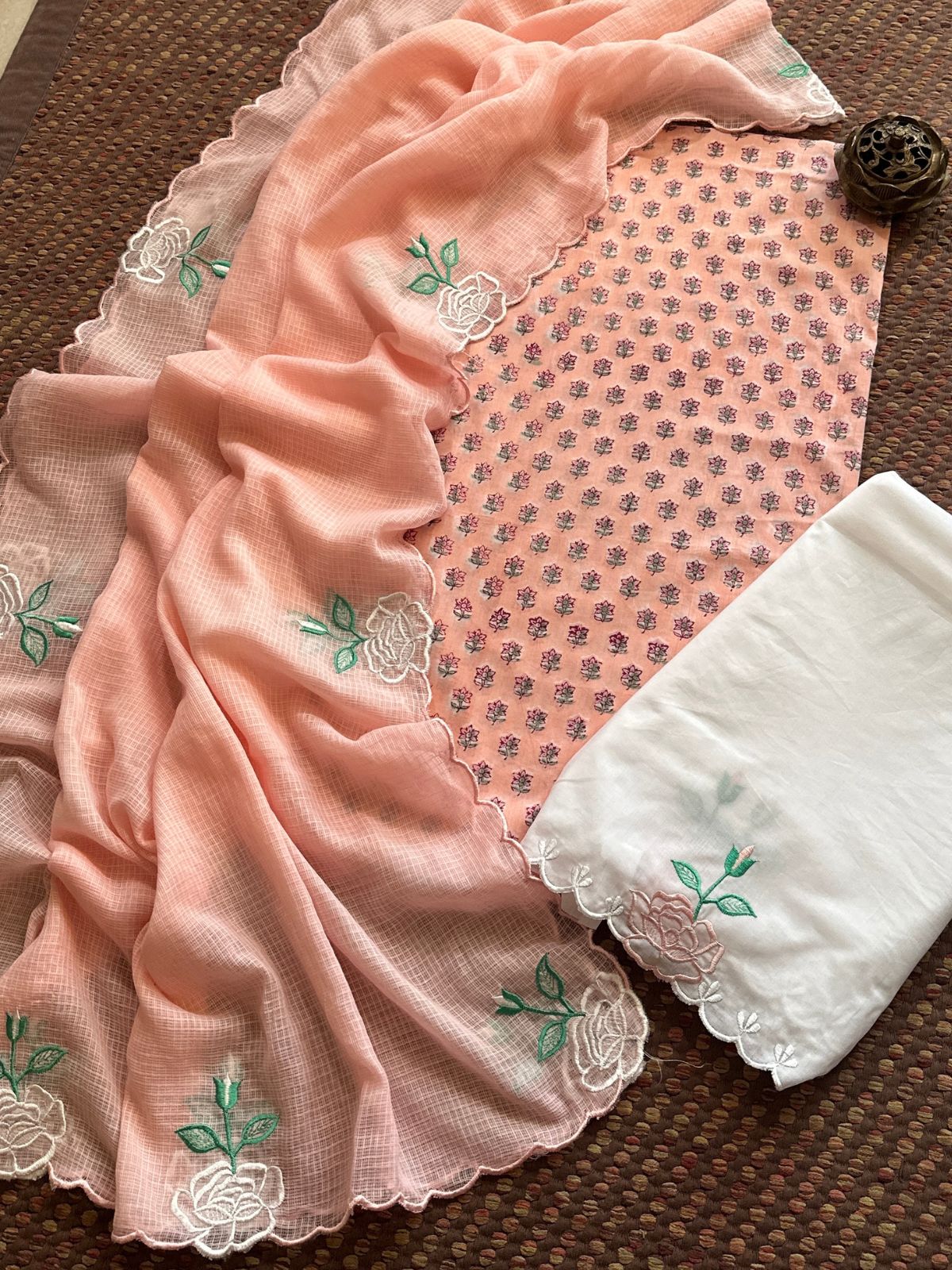 Pure Cotton Hand-block Fabric with Embroidered Bottom & Kota Doria Dupatta