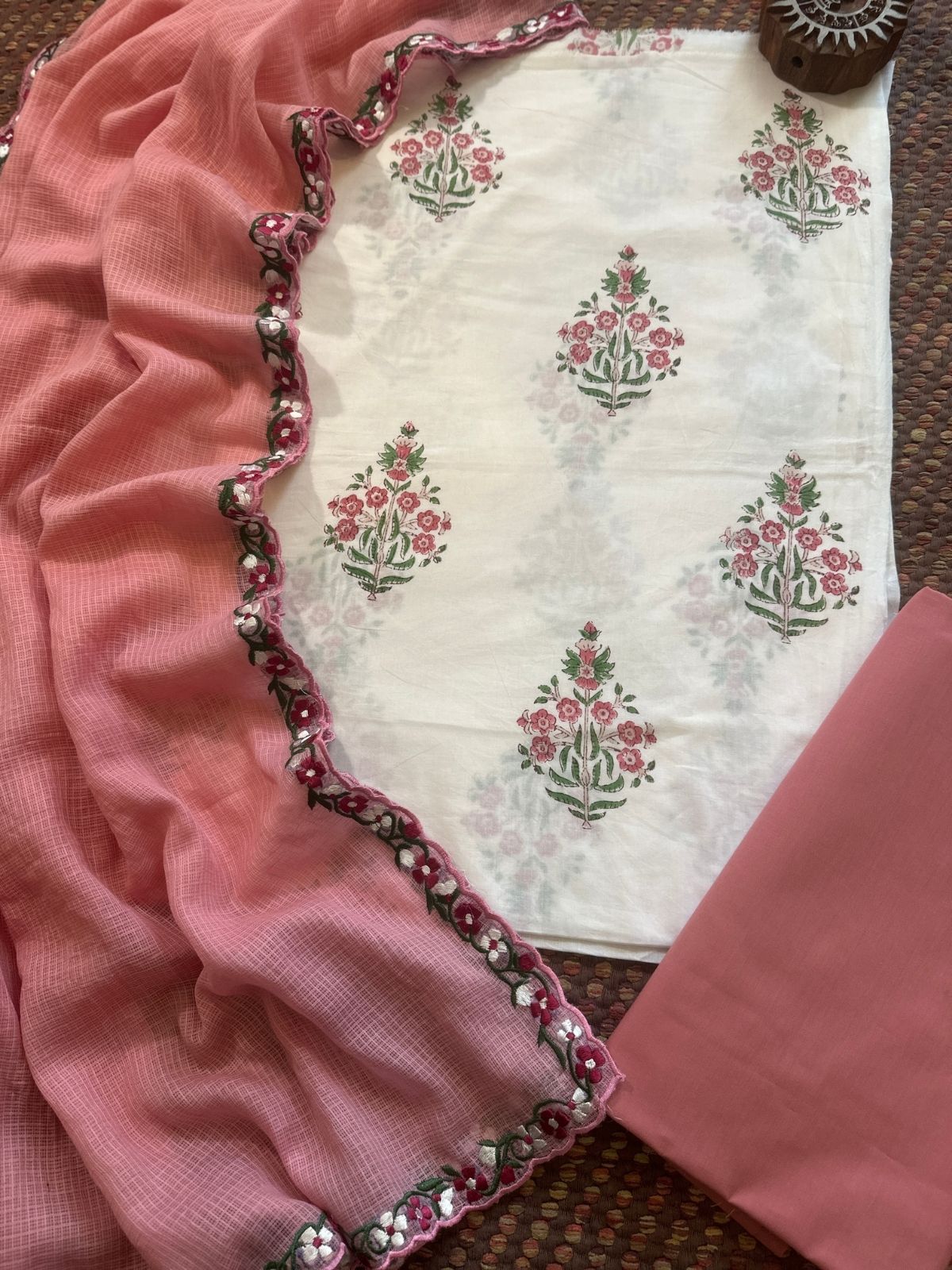 Pure Cotton Hand-blocked fabric set with Embroidered Dupatta