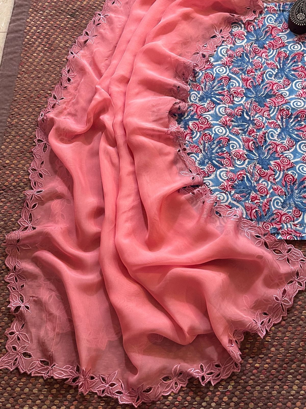 Pure Cotton Handblocked Fabric with Exclusive Cutwork Organza Dupatta