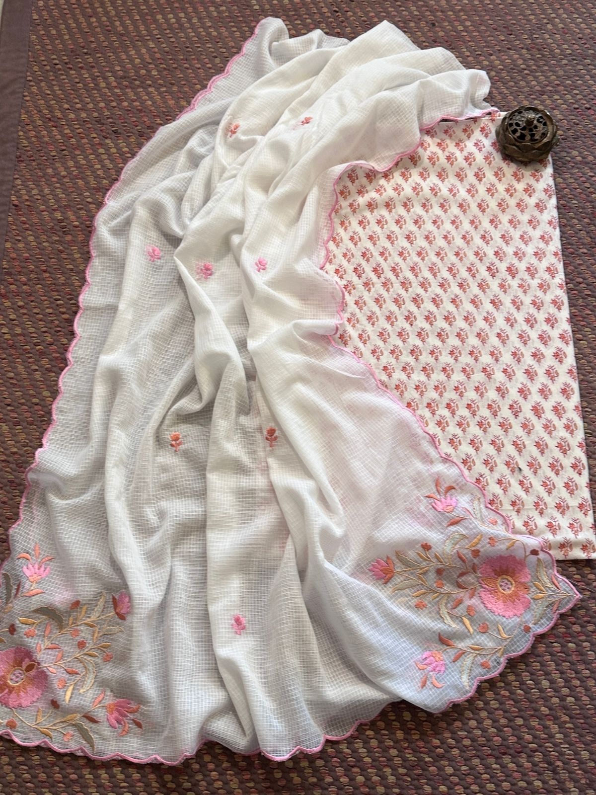 Pure Cotton Hand-blocked Fabric with Embroidered Dupatta