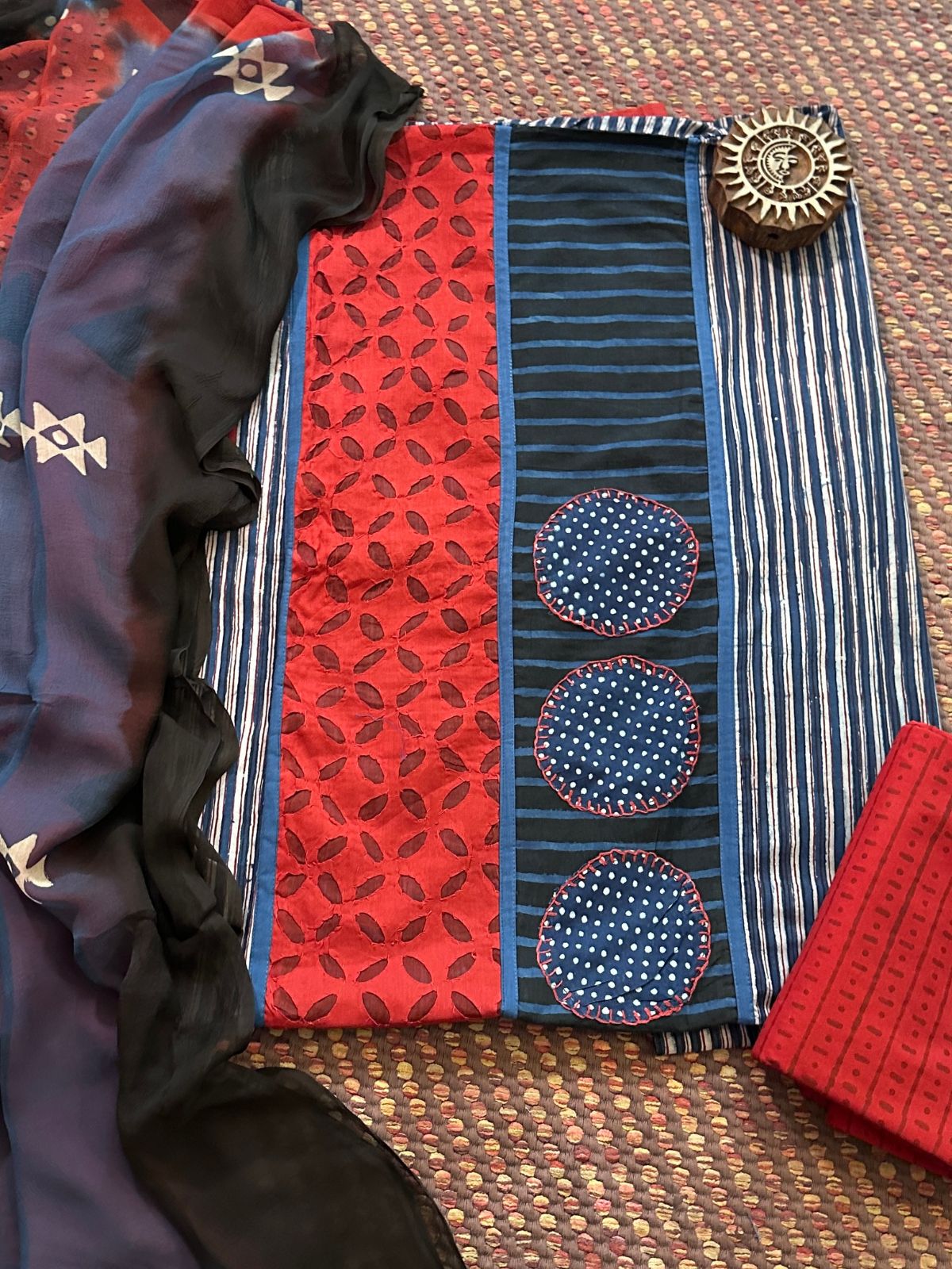 Pure Cotton Patch work Unstitched Set with pure chiffon Dupatta