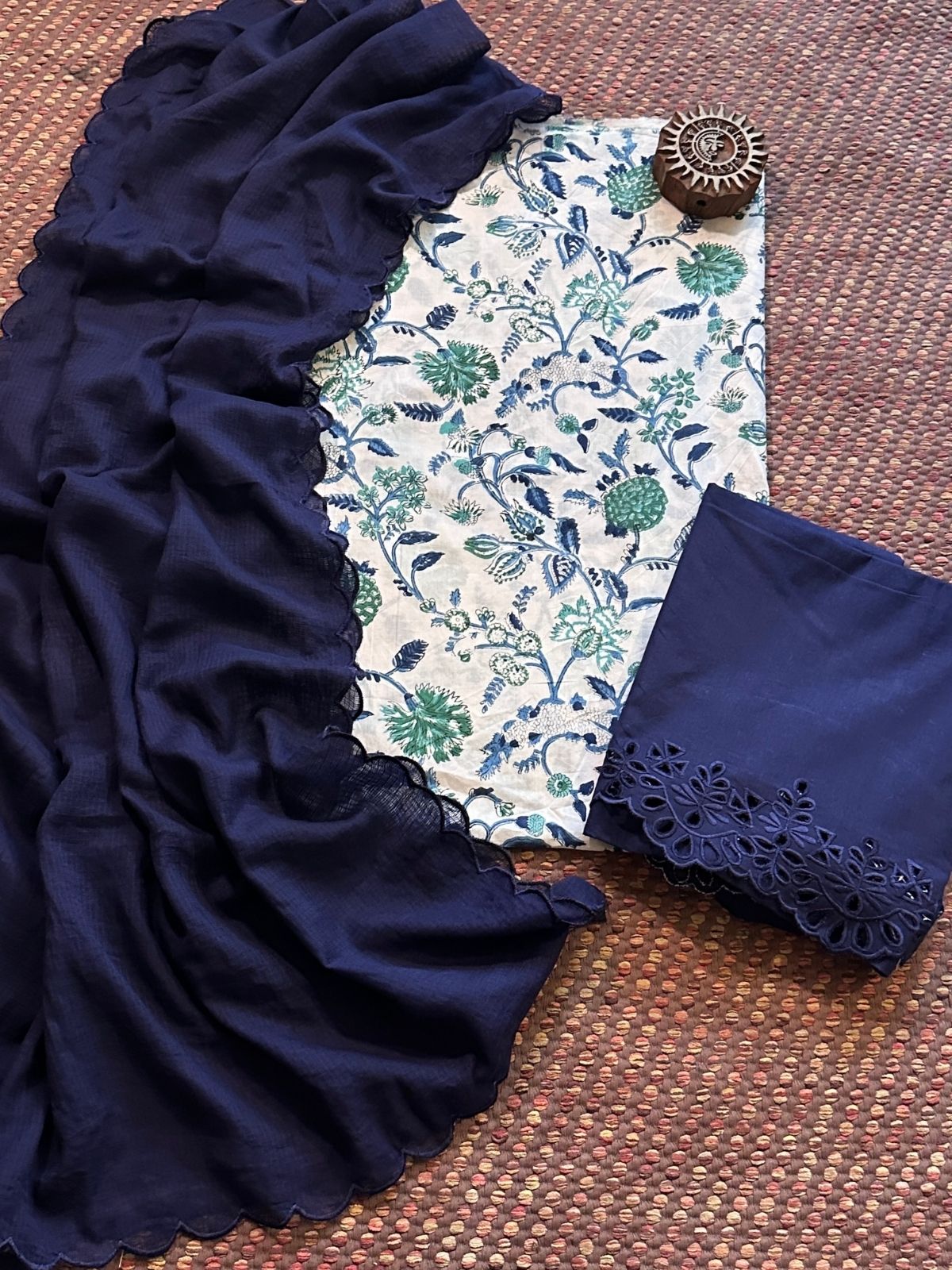 Pure Cotton Hand-blocked Fabric with Cutwork Bottom & Kota Doria Dupatta