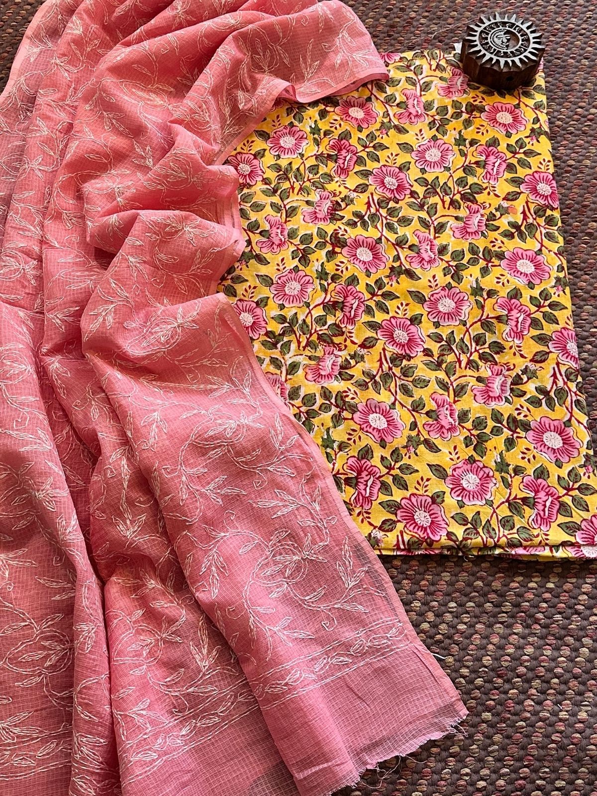 Pure Cotton Hand Blocked Fabric with Chikankari Dupatta