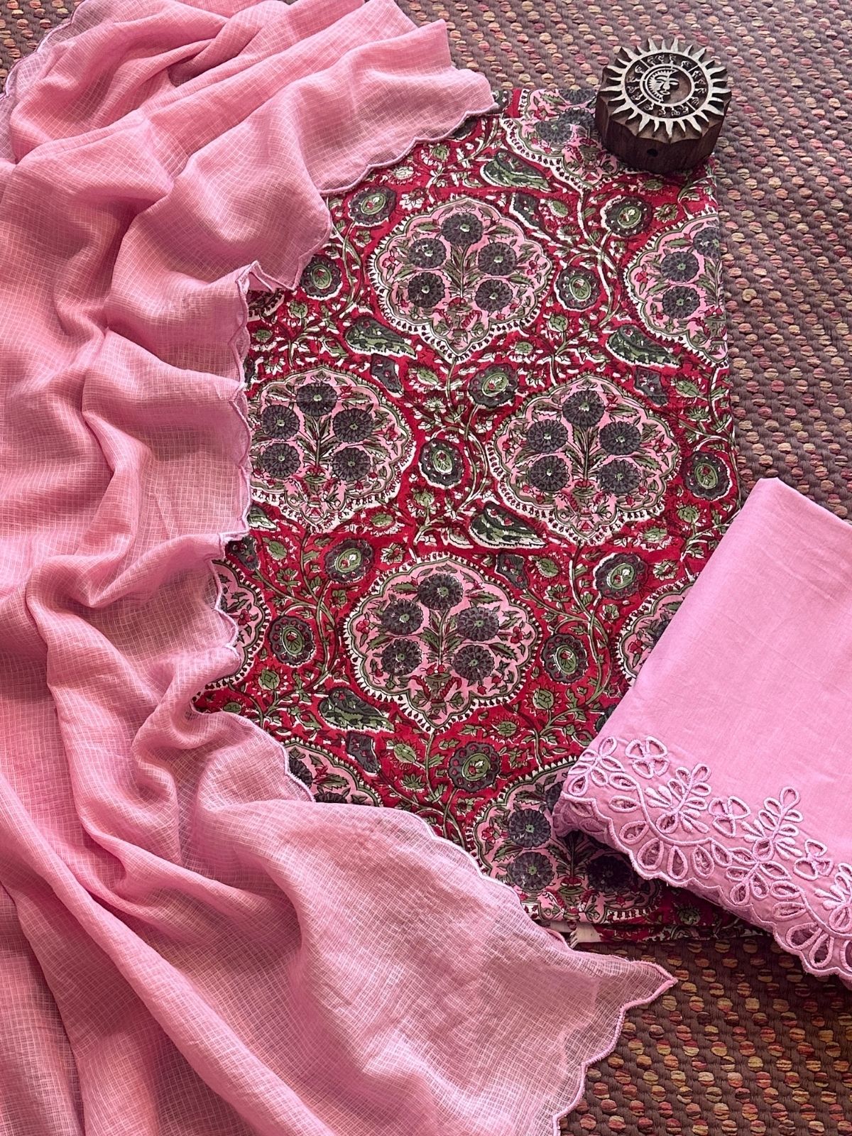 Pure Taj Cotton Hand-blocked Fabric with Cutwork Bottom & Kota Doria Dupatta