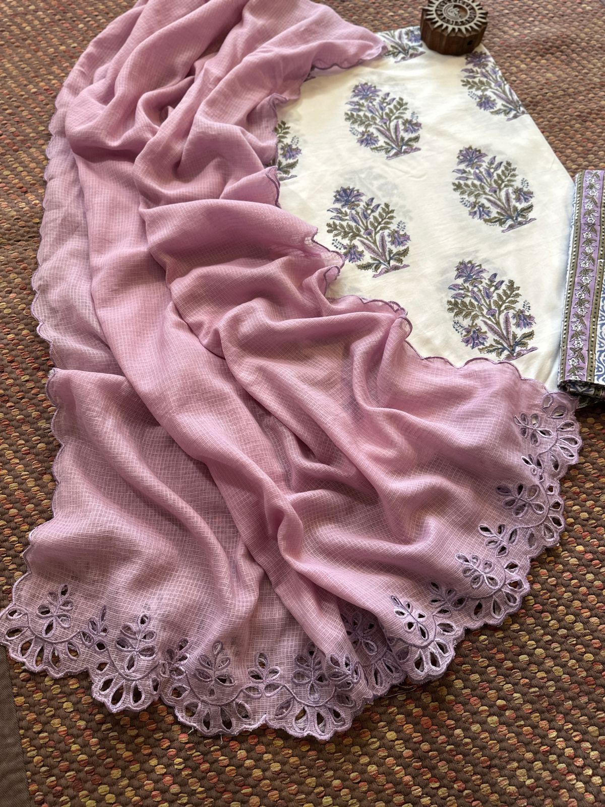 Pure Cotton Hand-block Fabric Set with Embroidered Kota Doria Dupatta