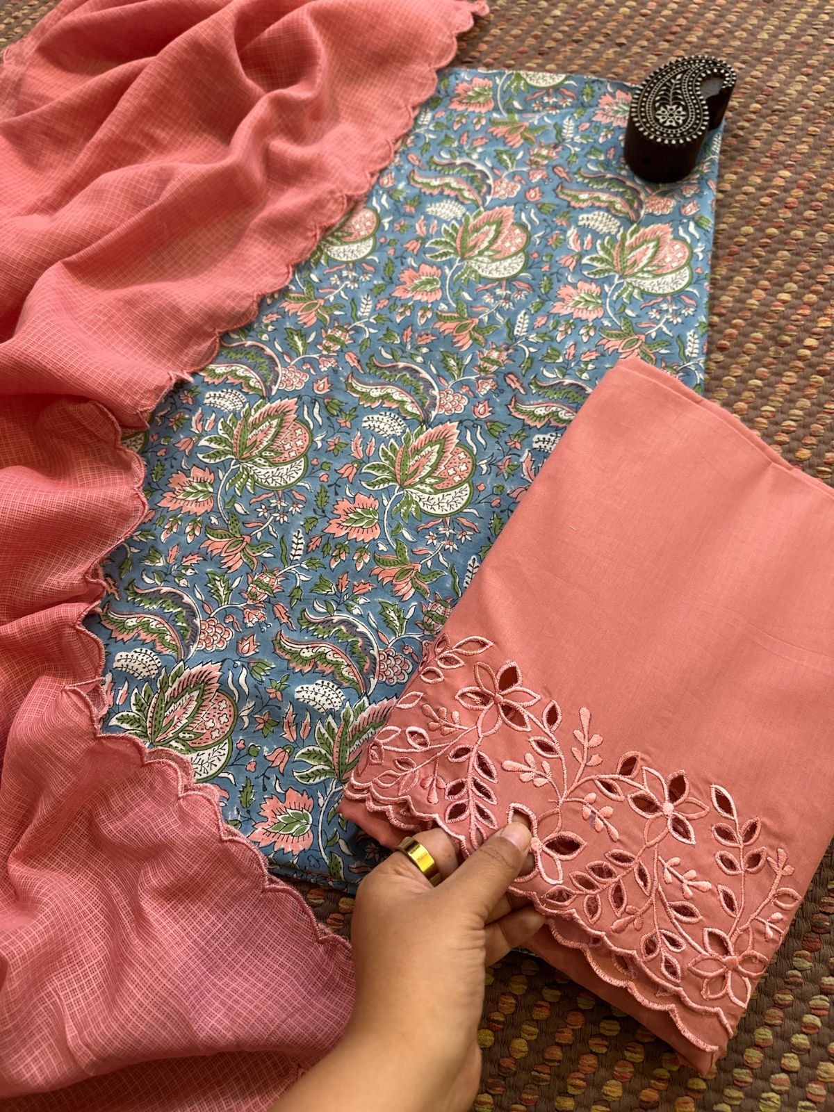 Pure Cotton Hand-blocked Fabric with Cutwork Bottom & Kota Doria Dupatta