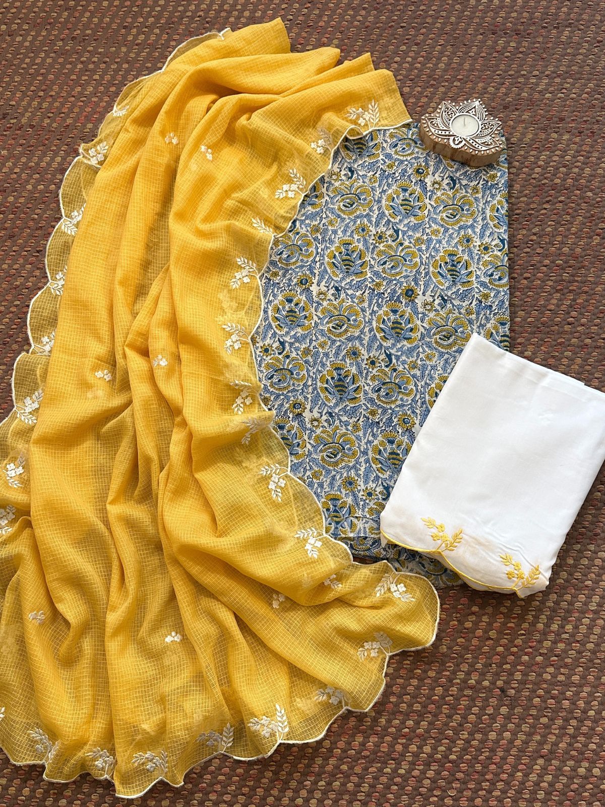 Pure Cotton Malmal Hand-block Fabric with Embroidered Bottom & Kota Doria Dupatta