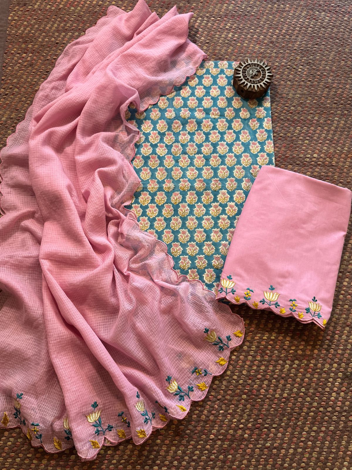 Pure Cotton Hand-block Fabric with Embroidered Bottom & Kota Doria Dupatta