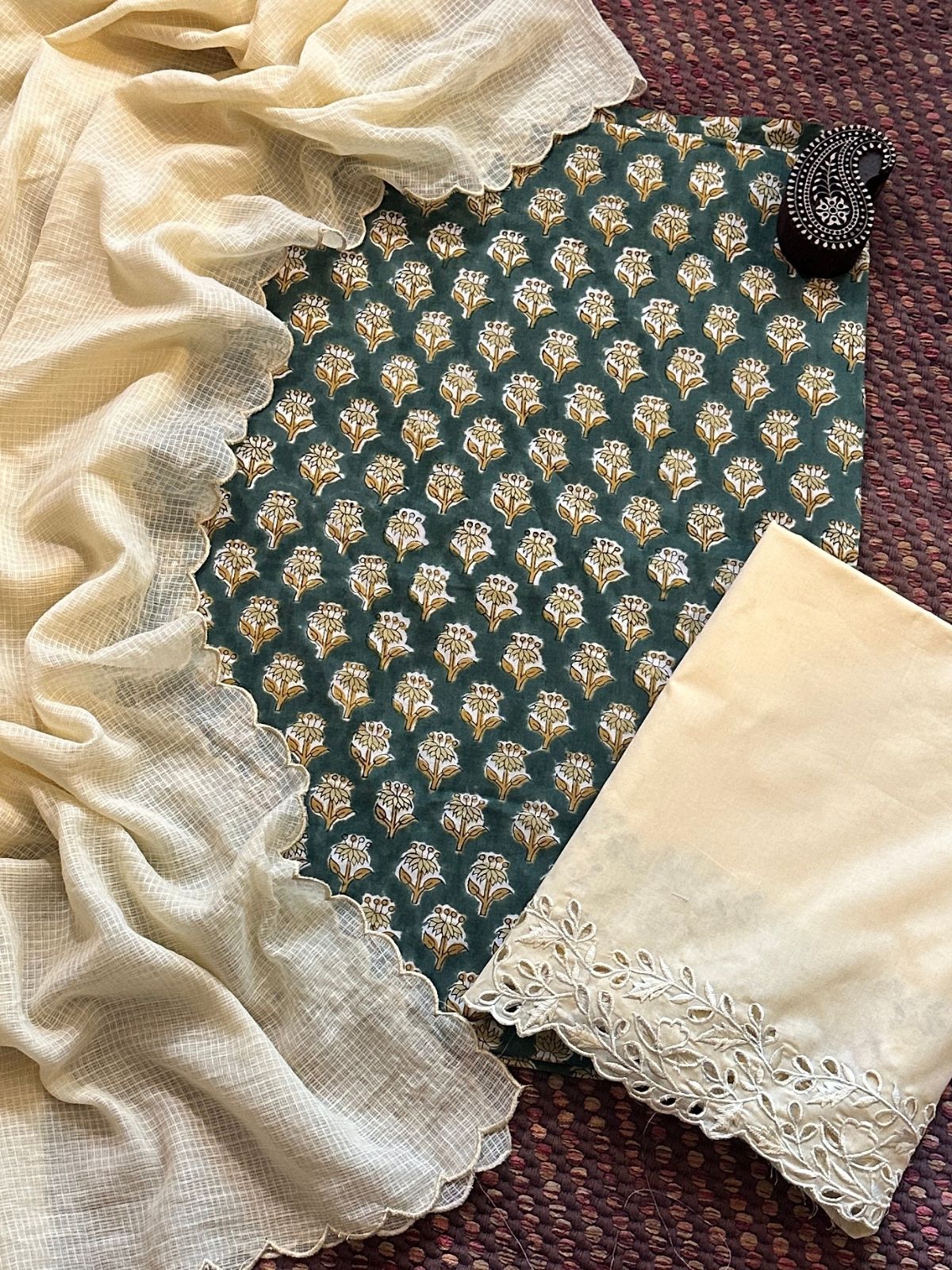 Pure Cotton Hand-blocked Fabric with Cutwork Bottom & Kota Doria Dupatta