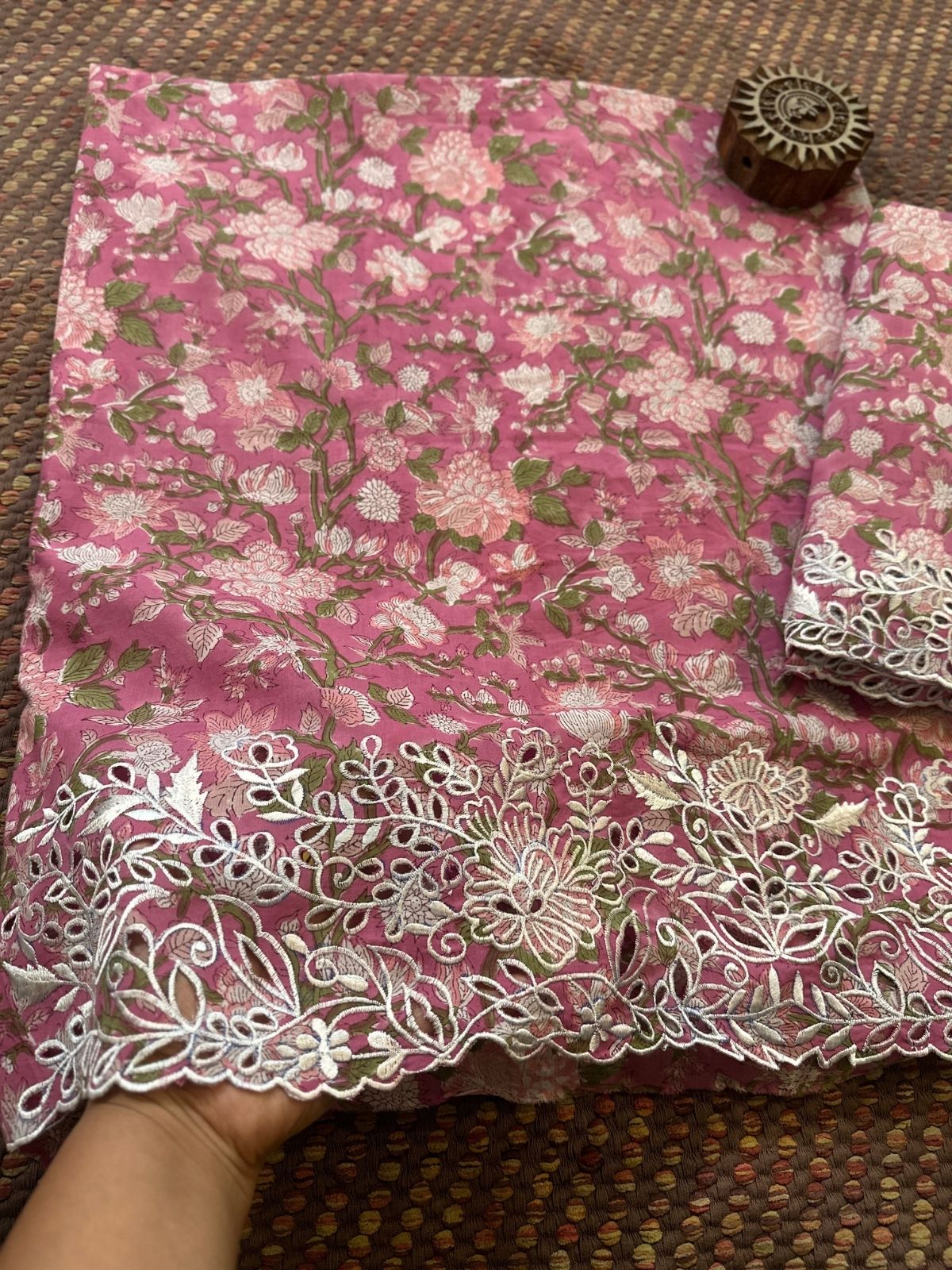 Cutwork Pure Cotton Hand-blocked Coord Set